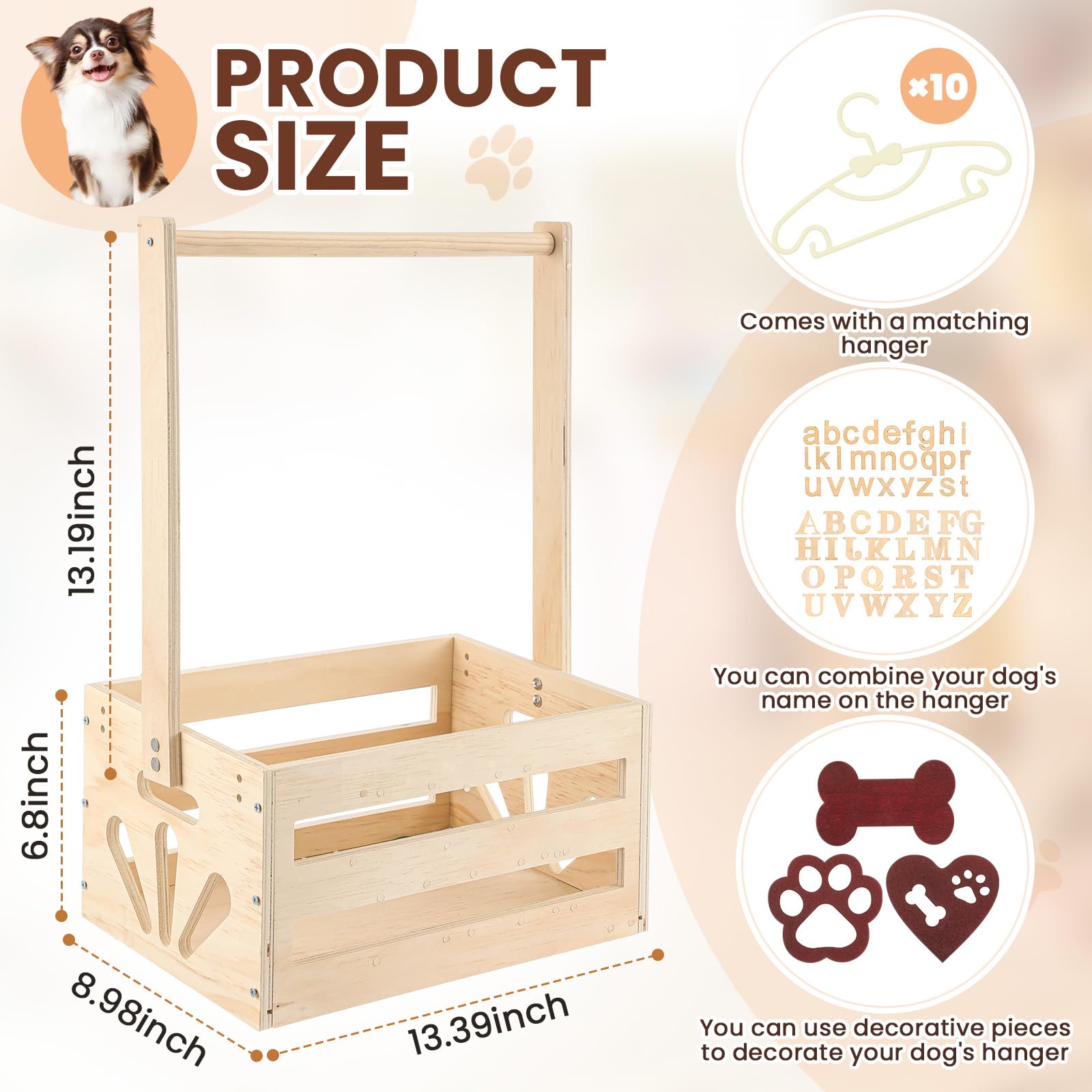 Teenyyou 20 x 13 x 9 Wooden Pet Wardrobe Closet Crate Box with Hanging Rods and Personalized Pet Alphabet Letters Easy Assembly