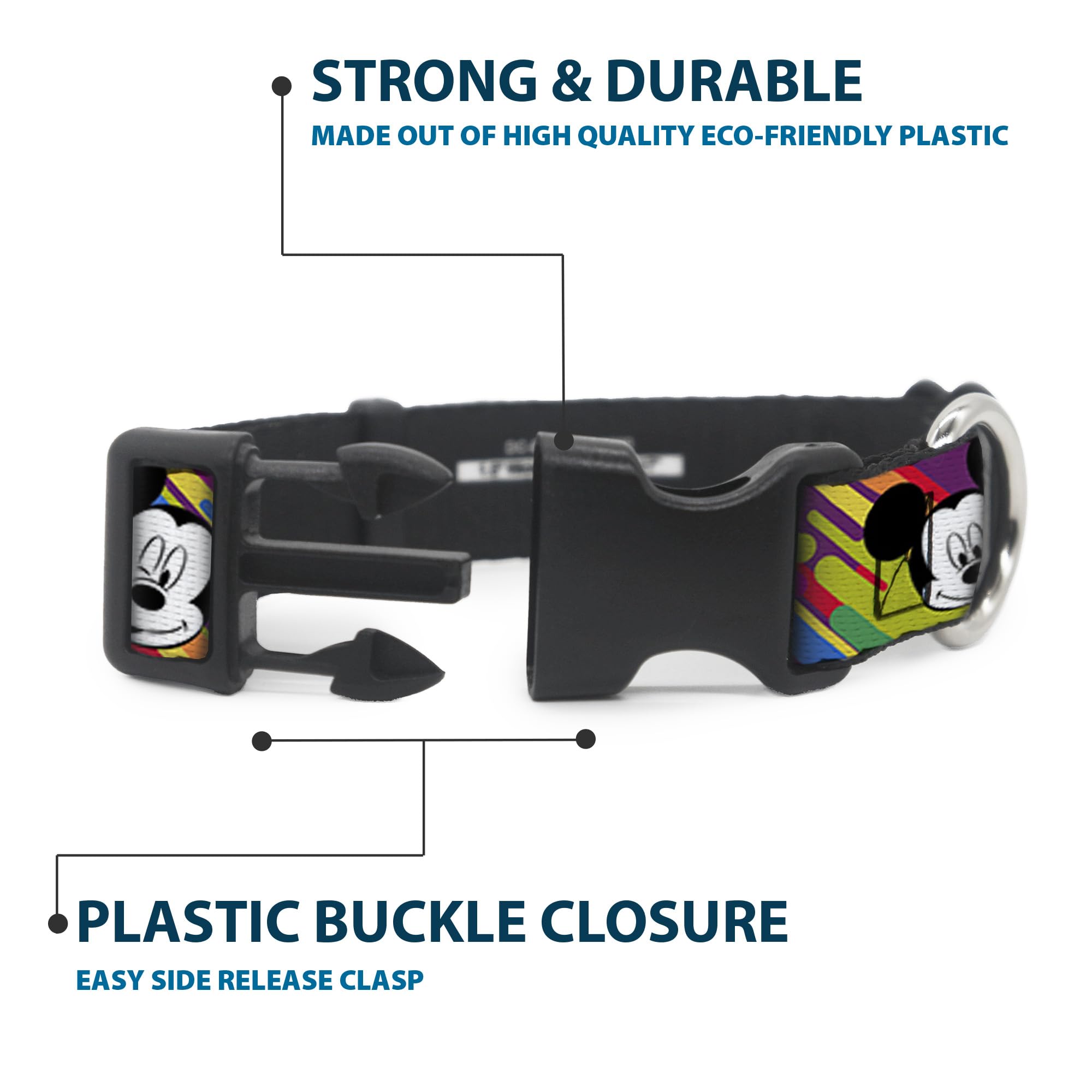 Buckle-Down Plastic Clip Collar - Mickey Mouse Expressions Multi Color White/Black - 1.5'' Wide - Fits 18-32'' Neck - Large