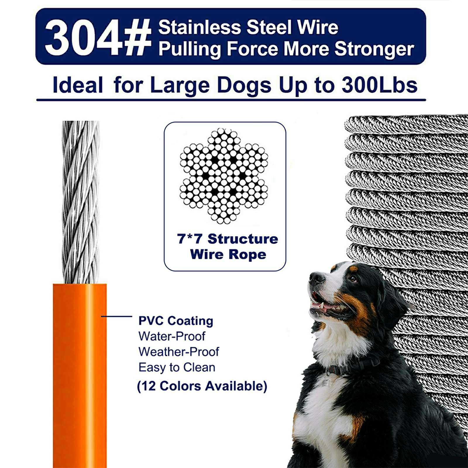 Tie Out Cable For Dogs Up To 300Lbs,100Ft Extra Strong 1000Lbs Break Strength Tie-Out Tether Trolley Training Lead,Dog Run Cable For Yard Garden Park Camping Outside (Orange, 300Lbs 25Ft)