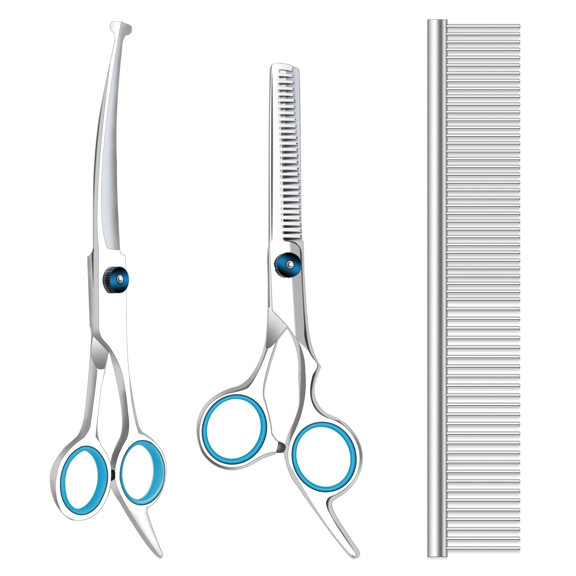 Maxshop Dog Grooming Scissors With Safety Round Tips, Heavy Duty Titanium Pet Grooming Trimmer Kit, Professional Thinning Shears, Curved Scissors With Comb For Dogs And Cats (Set Of 3)