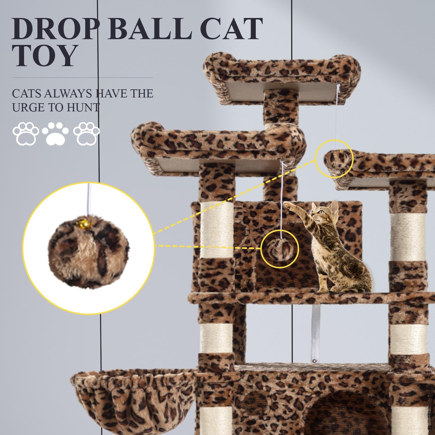 Allewie 68 Inches Cat Tree/House And Towers For Big Feline/Scratching Post/Multi-Level Large Kitty Climbing Tree With Condo/Leop