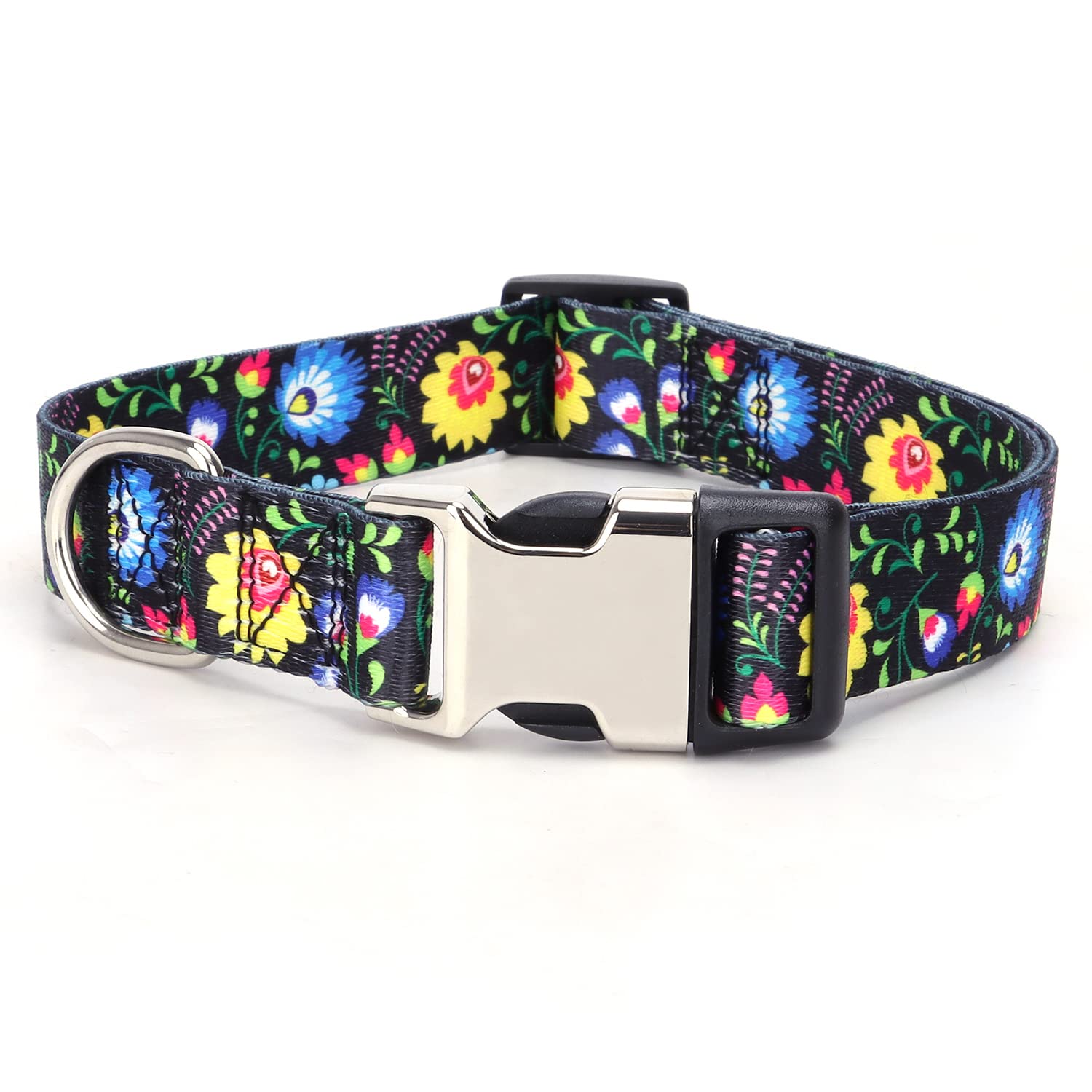 Floral Dog Collars Xs, Pretty Pattern Print Yellow&Blue Flower Dog Collar Metal Buckle Durable Soft Female Puppy Collars For Xsm