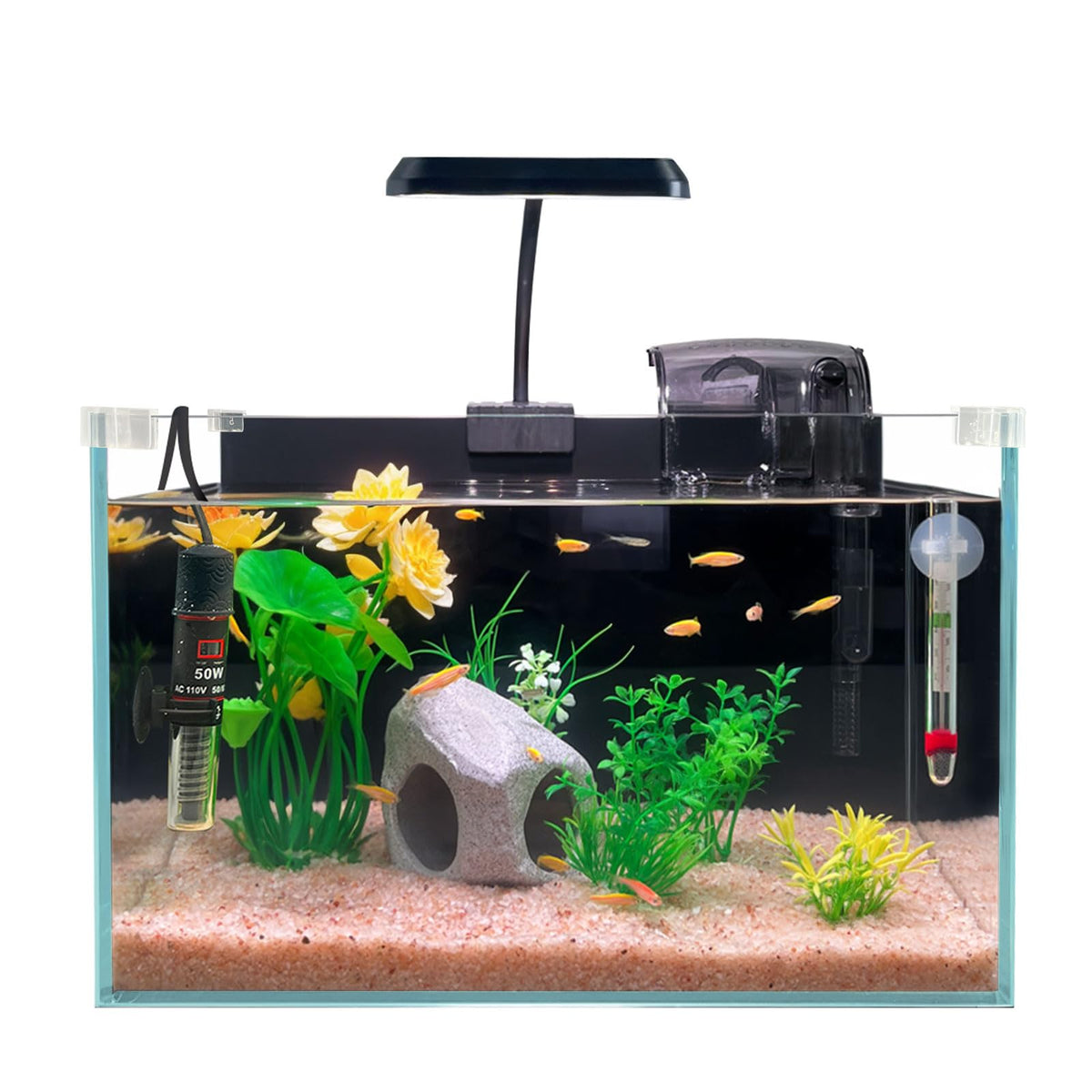 3.4-Gallon Ultra-Clear Low-Iron Betta Fish Tank Kit With Waterfall Filter, Full-Spectrum Led Light, Heater, Hideaway, Plants, Th