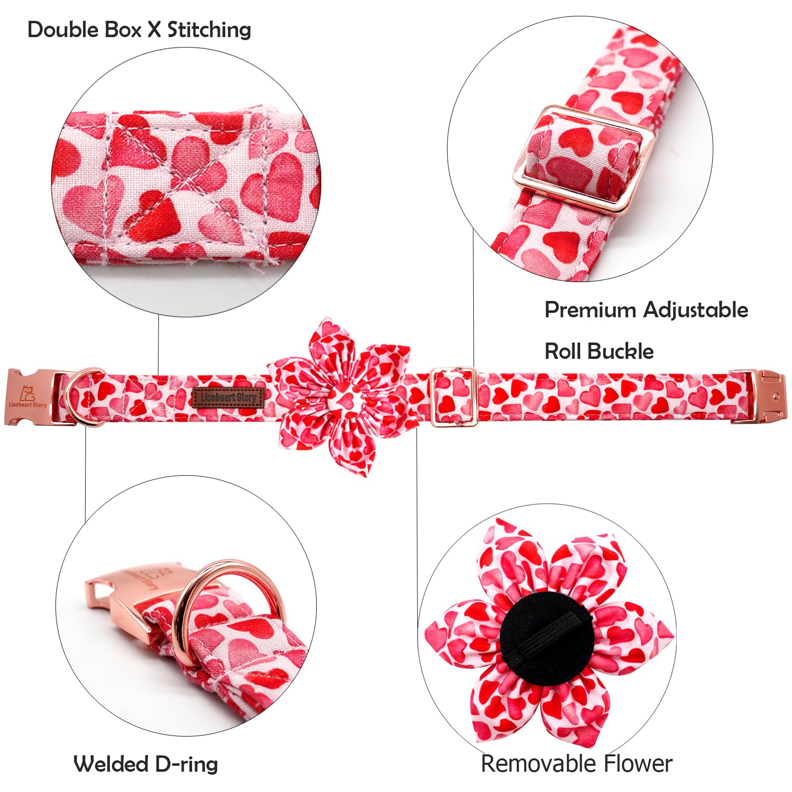 Lionheart Glory Valentine'S Day Collar With Flower, Hearts, Bows For X-Large Dogs