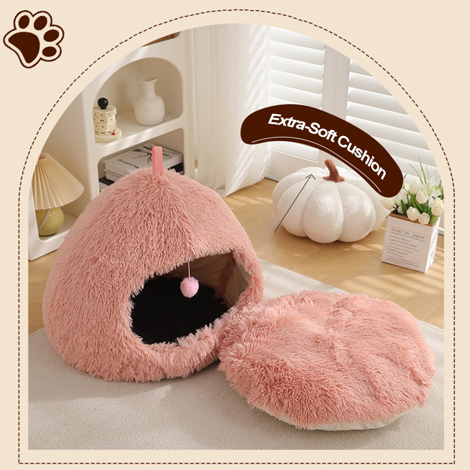 Cat Bed Cave, Cat Houses For Indoor Cats, Soft Plush Fur Kitten Bed, Fluffy Pet Cave Non-Slip, Anti Anxiety For Small Dogs Kitte