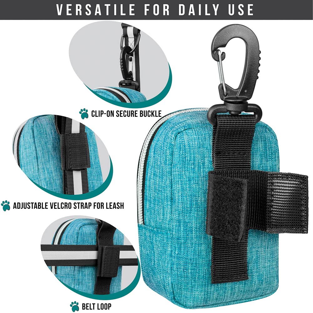 Petami Dog Poop Bag Holder | Dog Waste Bag Dispenser With Clip For Leash And Belt | Portable Fabric Doggy Waste Bag Holder For Walking Hiking Running Travel - With One Roll Of Dog Bag (Teal Blue)