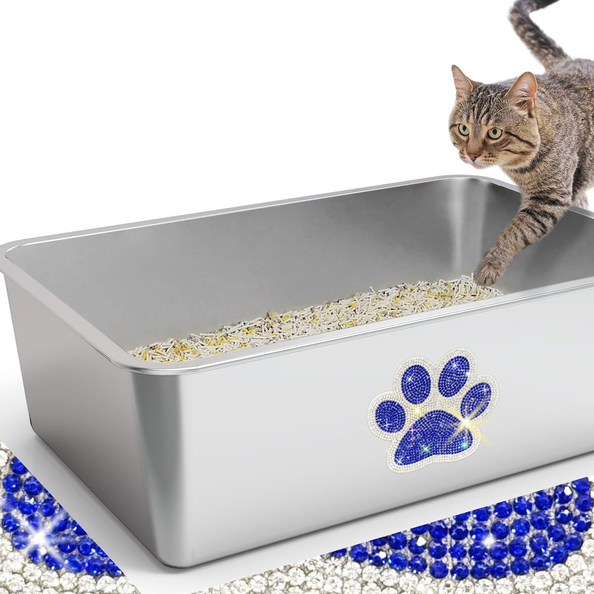 Stainless Steel Cat Litter Box High Side, Metal Litter Pan With Bling Paw, Kitten Toilet Pet Cleaning Tool For Big & Small Cats,
