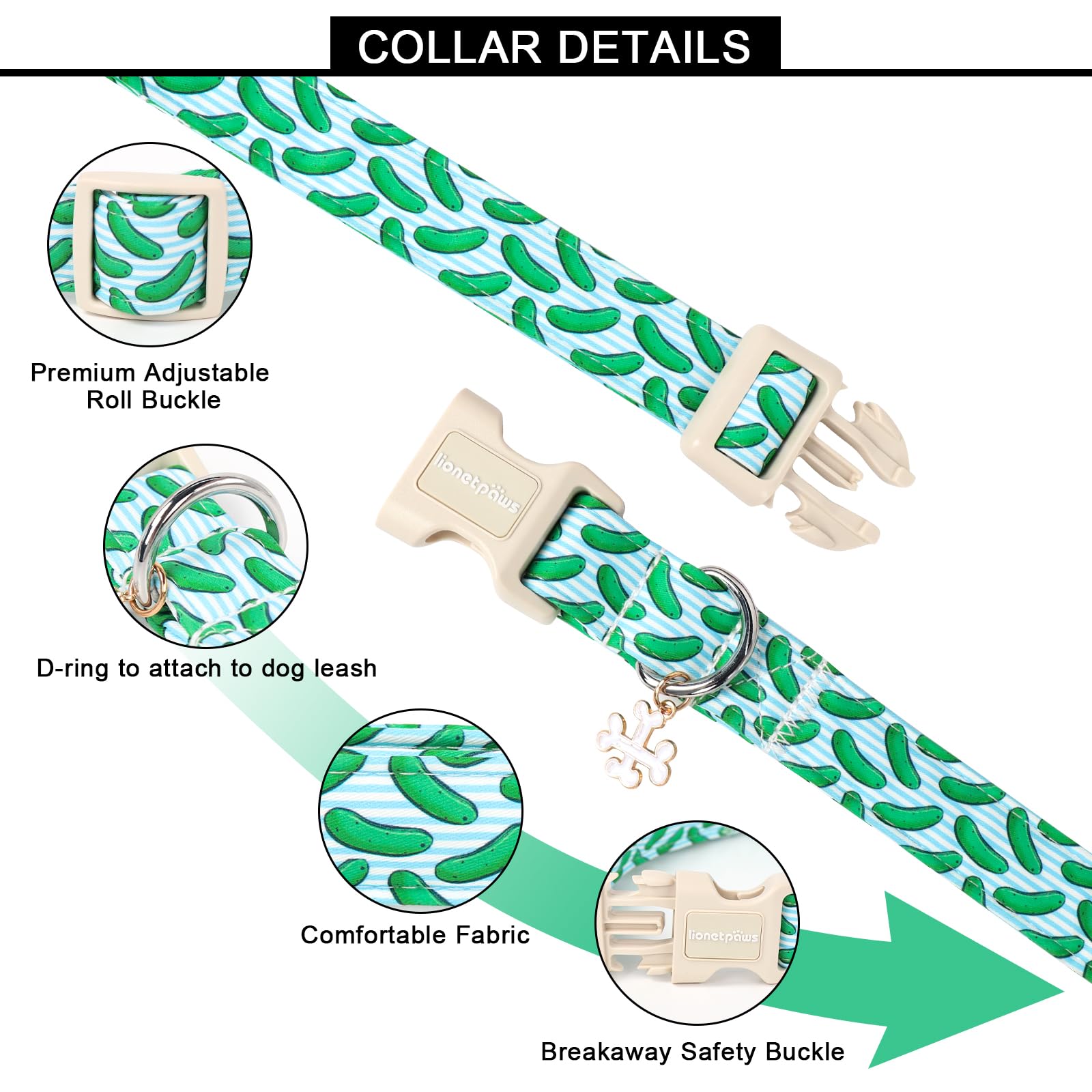 Lionet Paws Summer Dog Collar- Cute Cucumbers Dog Collars With Plastic Buckle,Blue Stripe Light Adjustable Dog Collars For Mediu