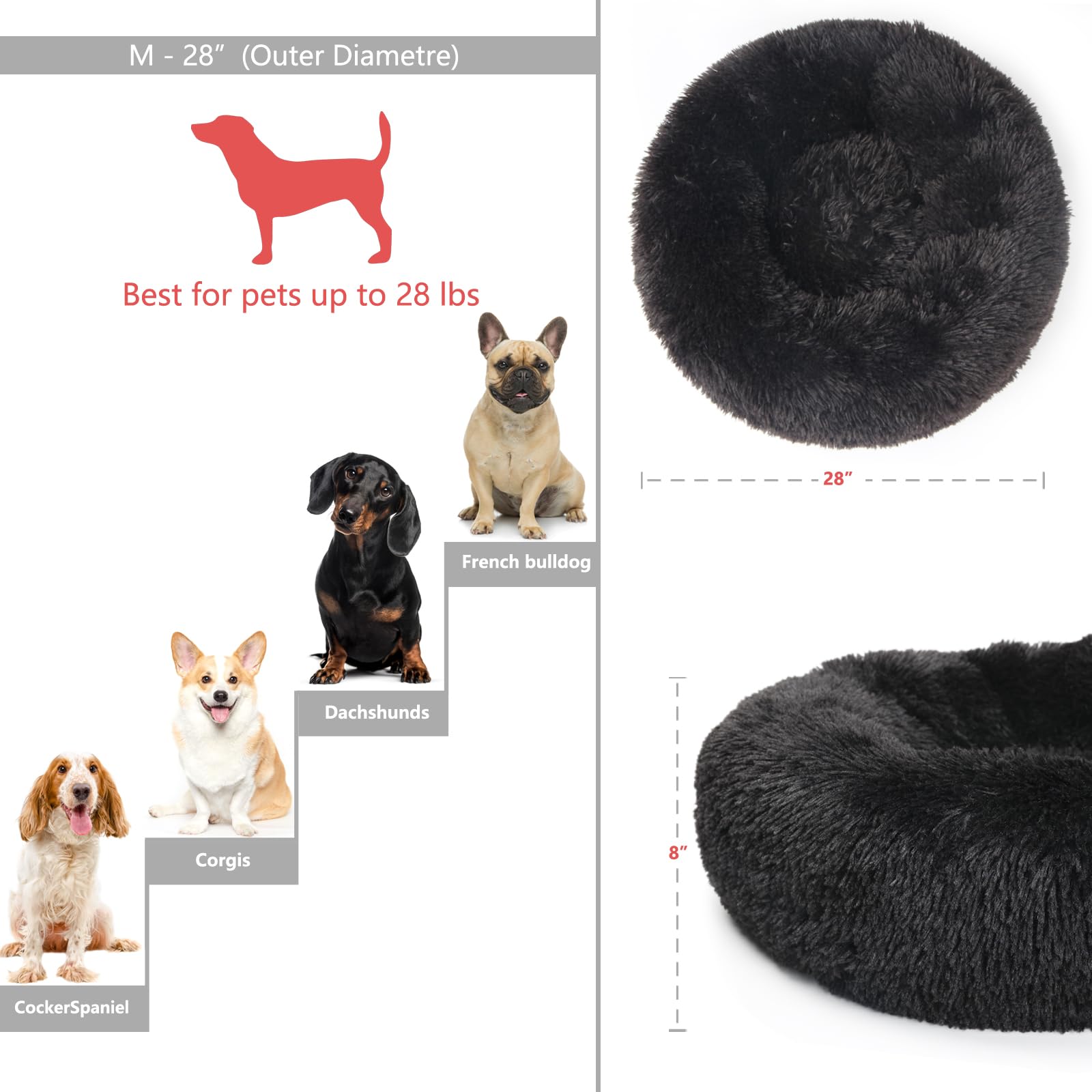 Dog Beds For Medium Dogs Washable Calming Bed For Dogs 28 Inches Black Fluffy And Soft Dog Bed Calm And Anti Anxiety Faux Fur Round Medium Sized Pet Bed For Dog