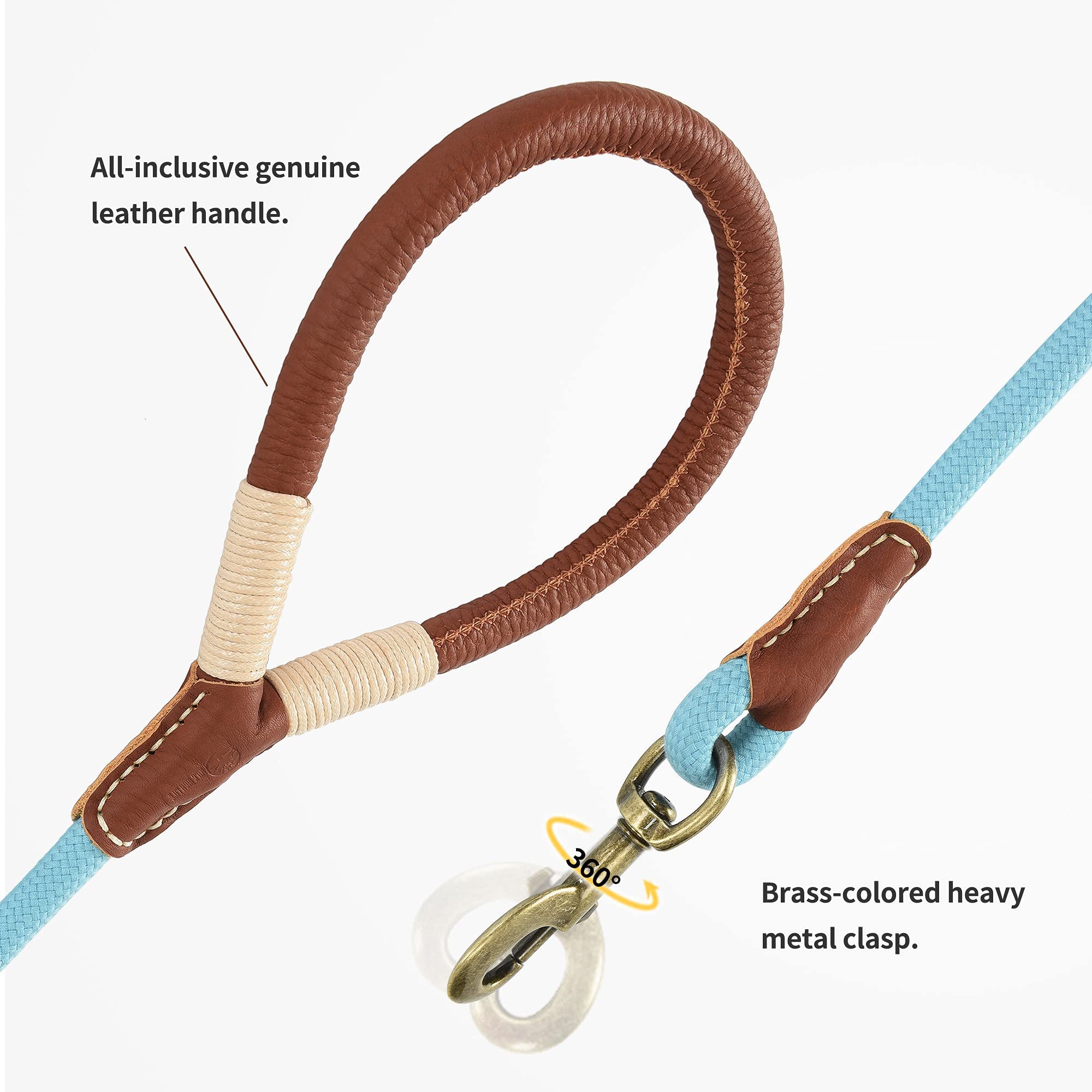Mile High Life | Premium Leather Dog Leash | Strong Rope Dog Leash | Leather Handle | Heavy Duty Clasp | Small Medium Large Dogs | Diameter 1/2' (Blue, 6 Feet)