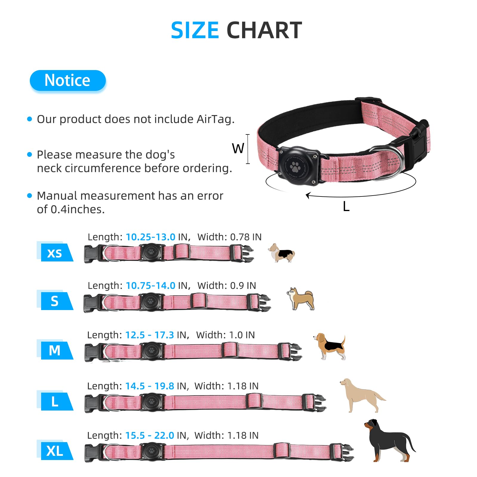 Upgraded Airtag Dog Collar, Ip68 Waterproof Air Tag Dog Collar Holder, Reflective, Ultra-Durable, Comfortable Padded, Heavy Duty Dog Collars For Small Medium Large Dogs (Xs (10.25'-13'), Pink)