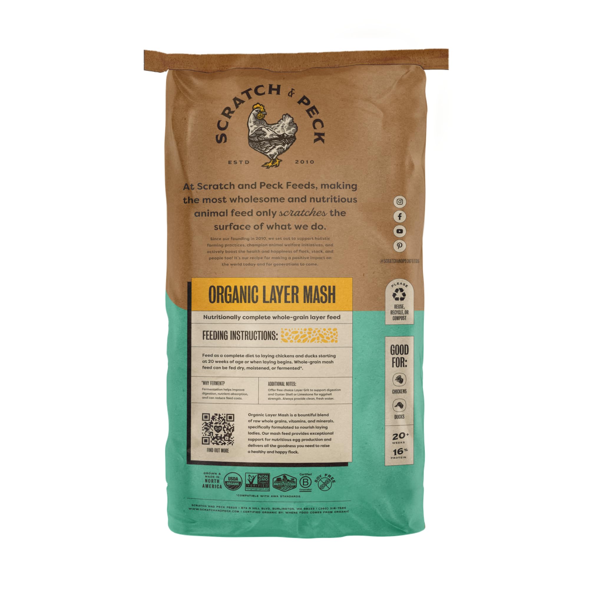 Scratch and Peck Feeds Whole Grain Layer Mash Chicken and Duck Feed - Corn-Free and Soy-Free - 16% Protein, Certified Organic an