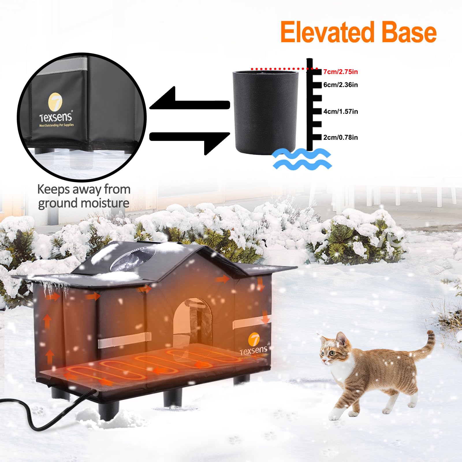 Texsens Heated Cat House for Outside - Weatherproof Large Outdoor Cat Shelter with Roof Window- Insulated Elevated House for Str