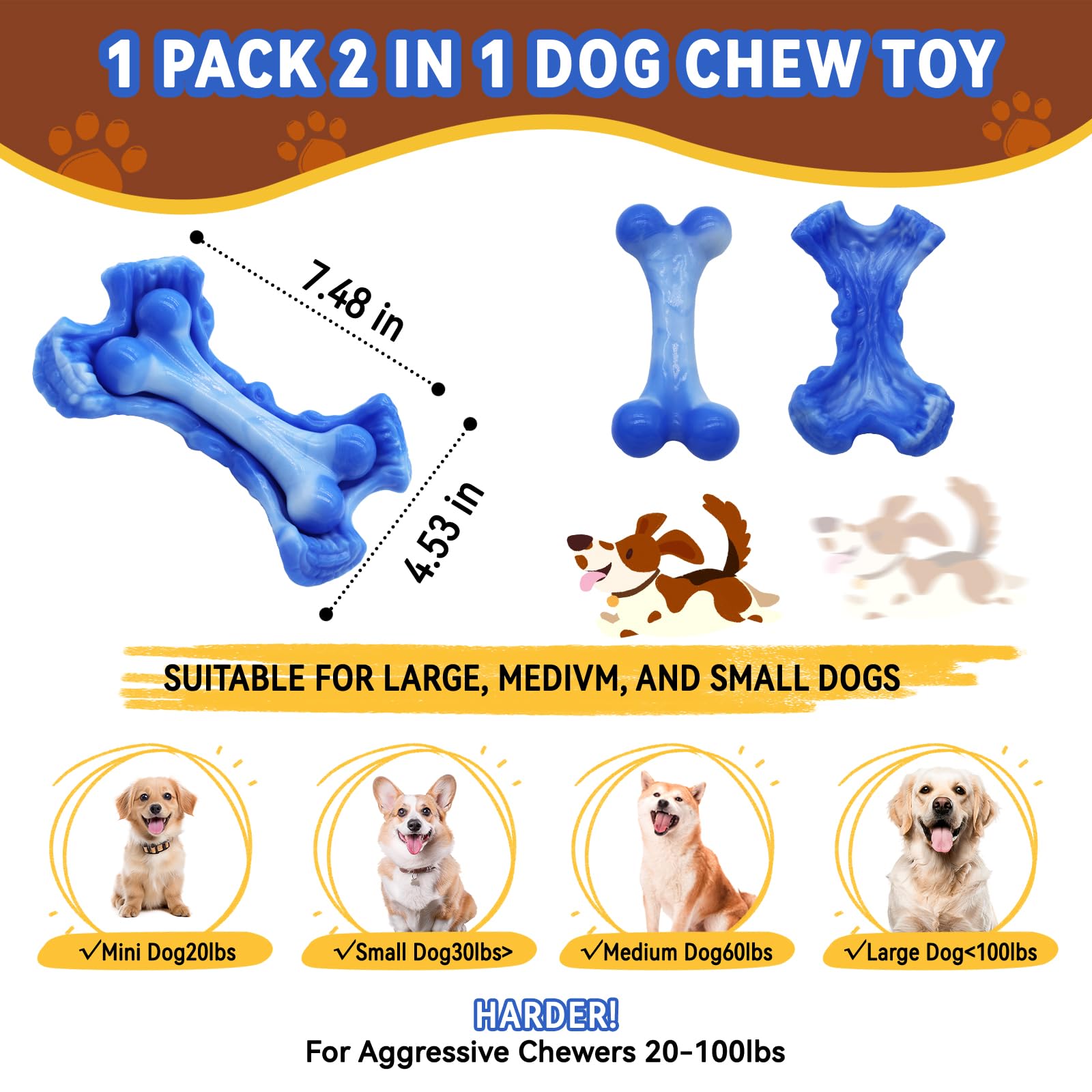 Magicorange Tough Dog Chew Toy, Nylon Bone for Aggressive Chewers, Indestructible, Blue, Model: chew24311