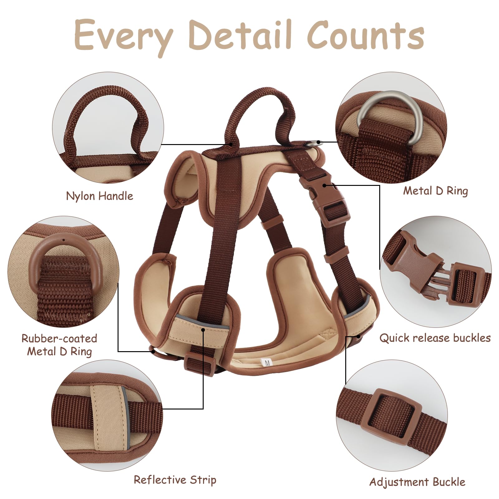 Wolfone No Pull Dog Harness Adjustable Soft Padded Pet Vest With Control Handle Adorable Daily Harness For Dogs(Cookie Chocolate