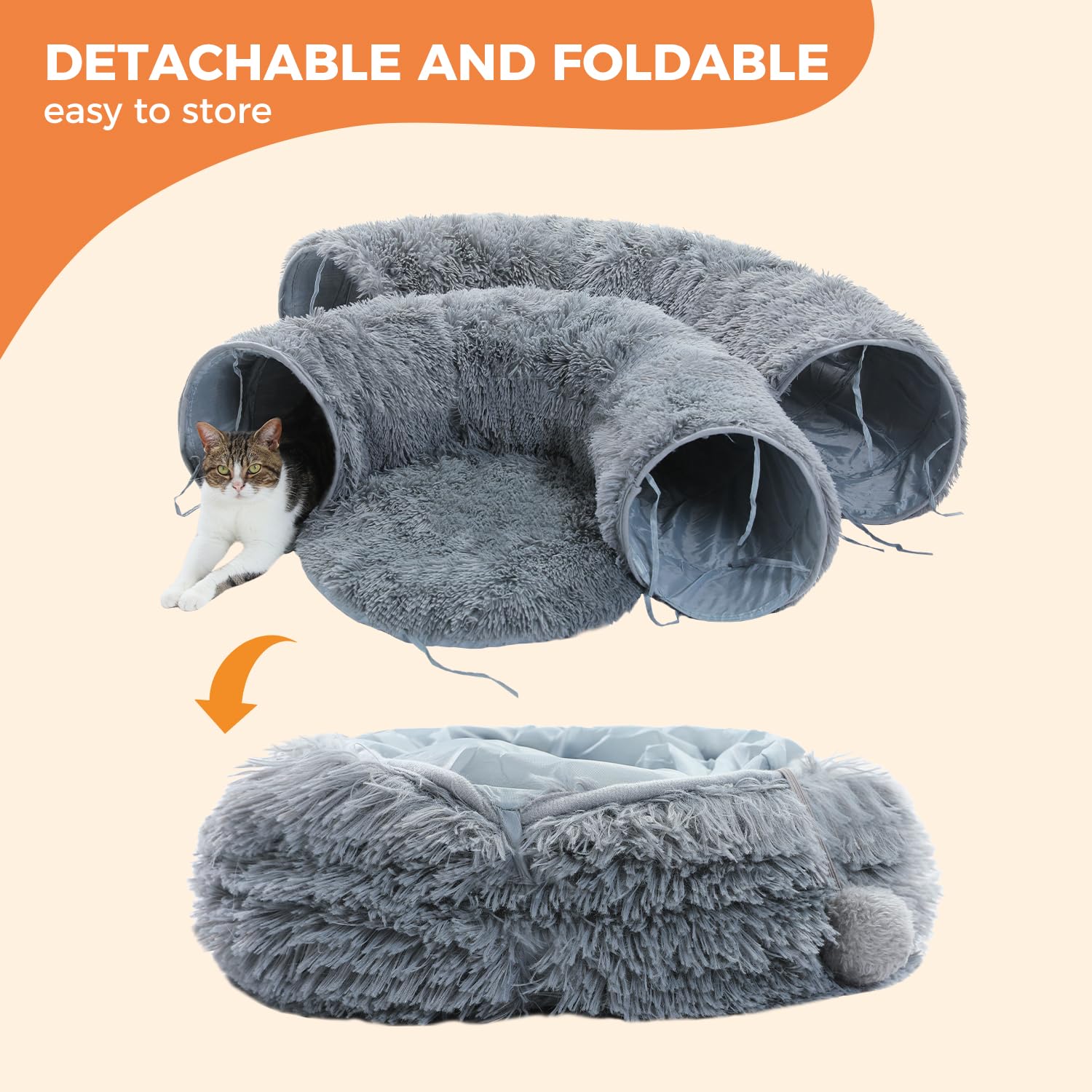 Pawz Road Large Cat Tunnel, Cat Tunnel Bed With Central Soft Mat And Dangling Balls, Collapsible Fluffy Plush Cat Tube (9.8 Inch