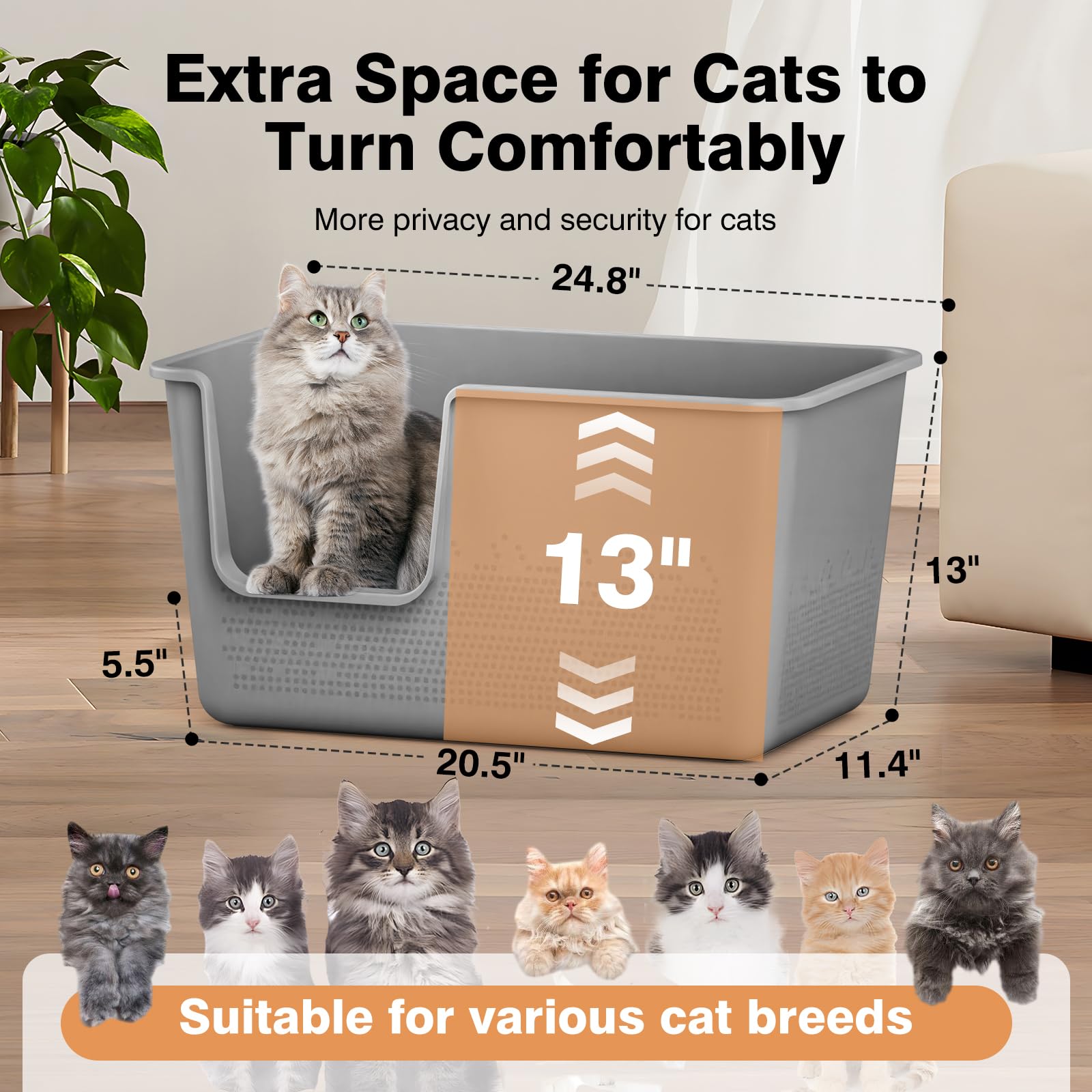 Cat Litter Box With High Sided,24.8'' Lx11.4 Wx13.0 H,Extra Large Cat Litter Box For Big Cats,Xl Jumbo Kitty Litter Box For Indo