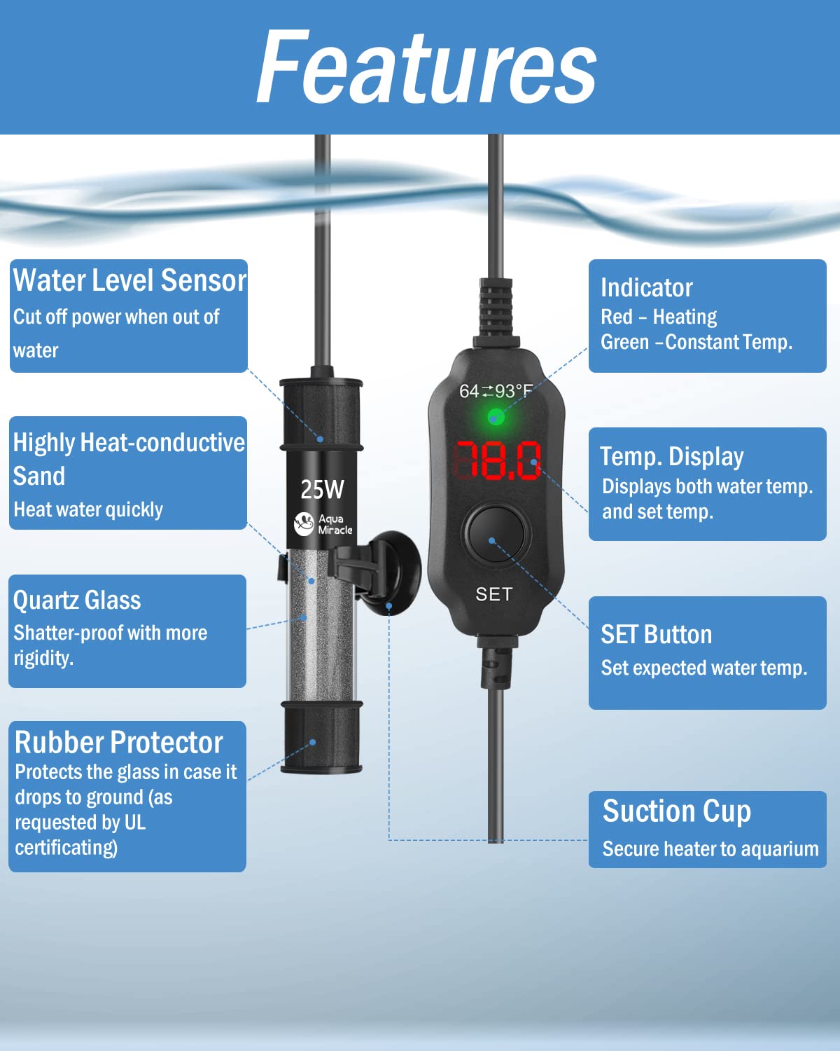 AquaMiracle 25W Adjustable Submersible Aquarium Heater with LED Display - Ideal for 3-5 Gallon Fish Tanks