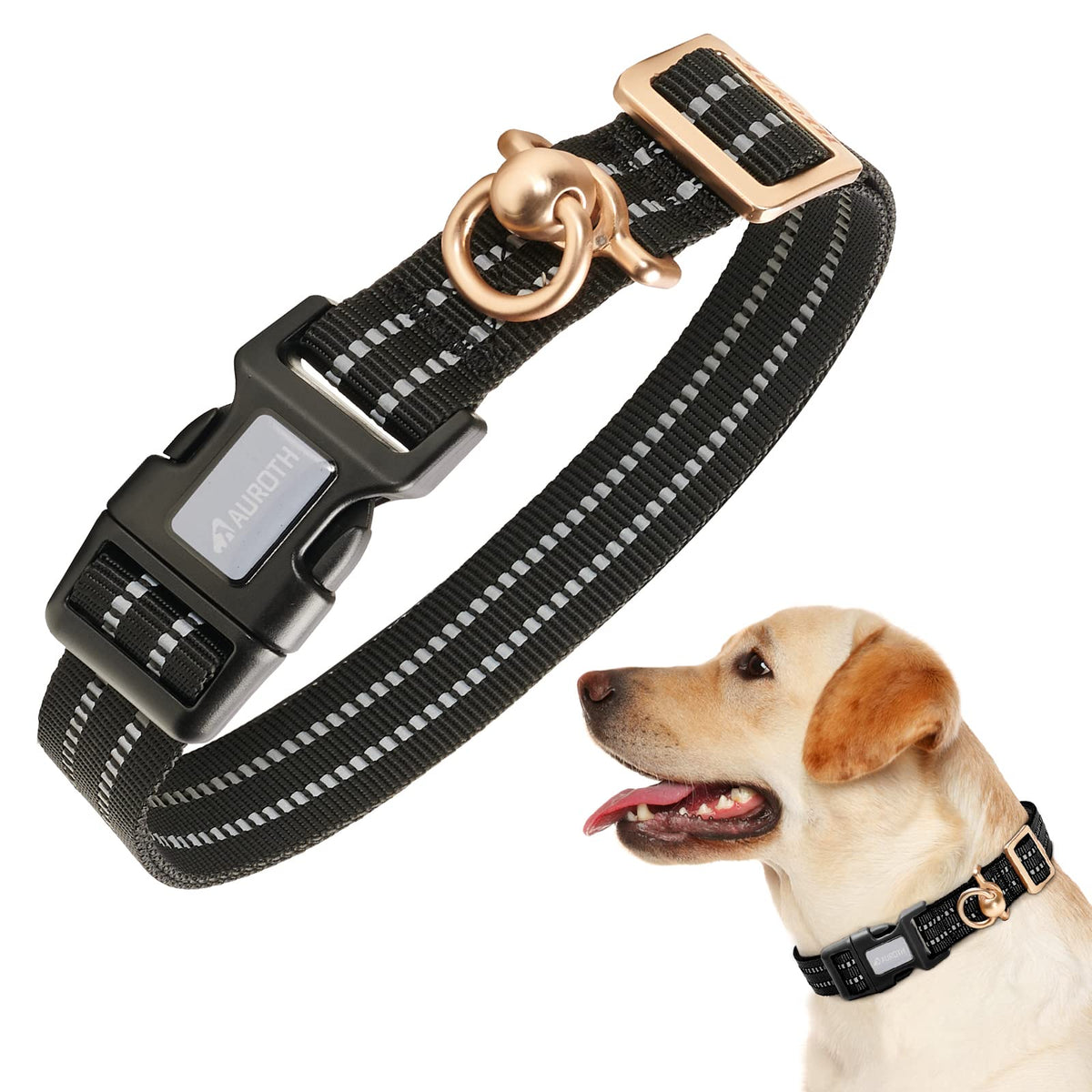 Auroth Dog Collar For Medium Large Dogs, Reflective Dog Collar, Soft Nylon Adjustable Dog Collars With Heavy Duty Metal D Ring Tangle Free (Large:15.7'-27.1', Black)