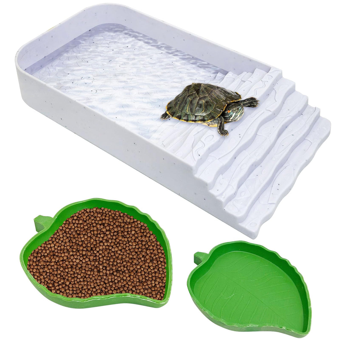 PINVNBY 3 PCS Tortoise Food Dish Plastic Turtle Pool with Ramp Leaf Reptile Food Dish & Water Bowl Tortoise Habitat Accessories 