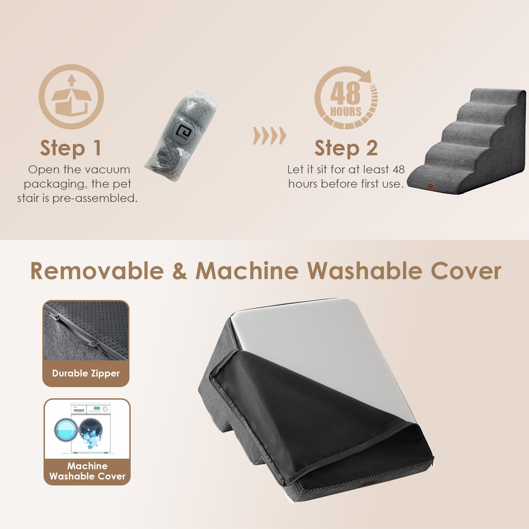 Eheyciga Curved Dog Stairs Ramp For High Beds 22.6' H, 5-Step Dog Steps For Small Dogs And Cats, Pet Stairs For High Bed Climbing, Non-Slip Balanced Pet Step Indoor, Grey