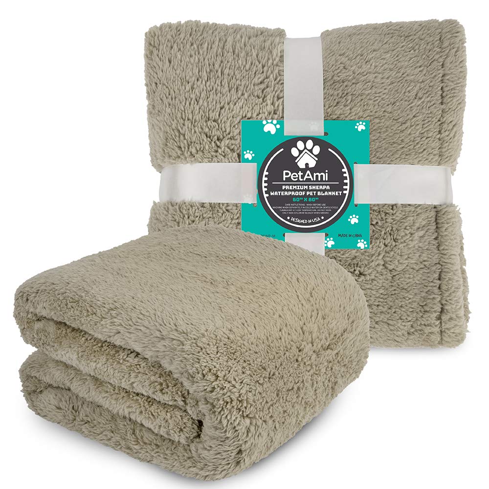 Petami Fluffy Waterproof Dog Blanket For Bed Large Dogs, Soft Warm Pet Sherpa Throw Pee Proof Couch Cover, Reversible Cat Blanket Sofa Crate Kennel Protector, Washable Mat (Taupe Camel, 60X80)