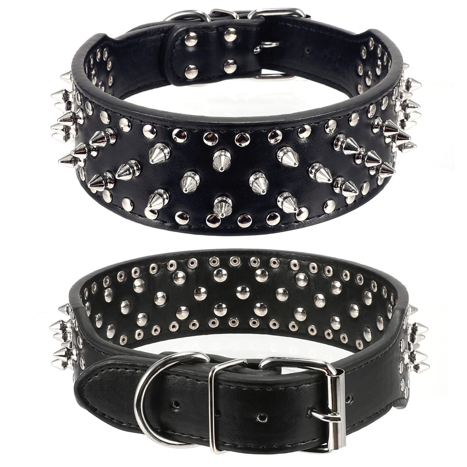 Hoot Pu Leather Adjustable Spiked Studded Dog Collar 2'' Wide 37 Spikes (M(Neck 19''-22''), Black)