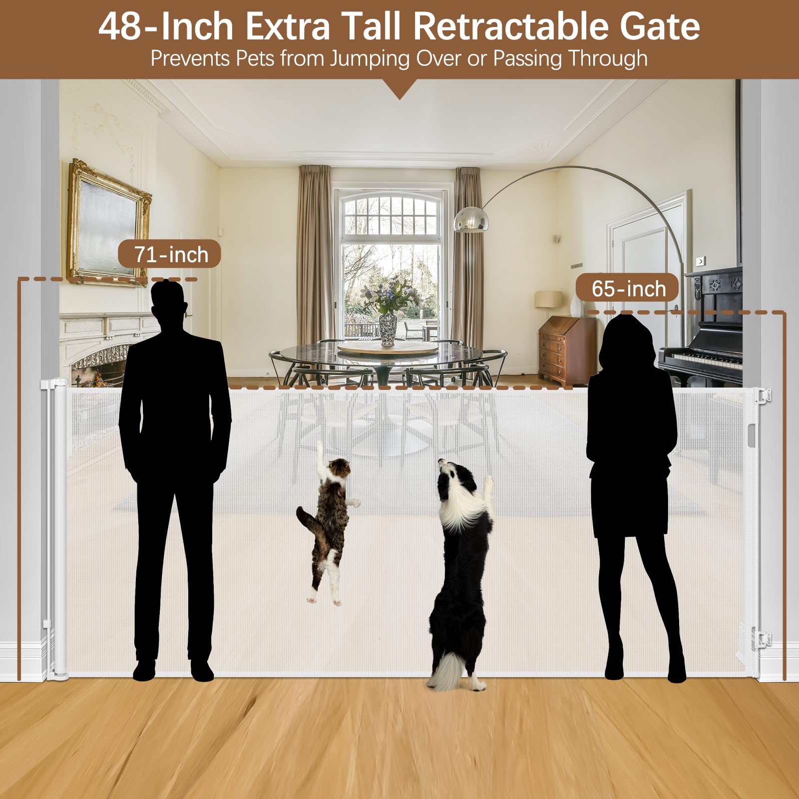 48 Inch Extra Tall Pet Gate 120'' Extra Long Retractable Baby Gate - No Jumping Over, Indoor Tall Retractable Dog Gate Outdoor E