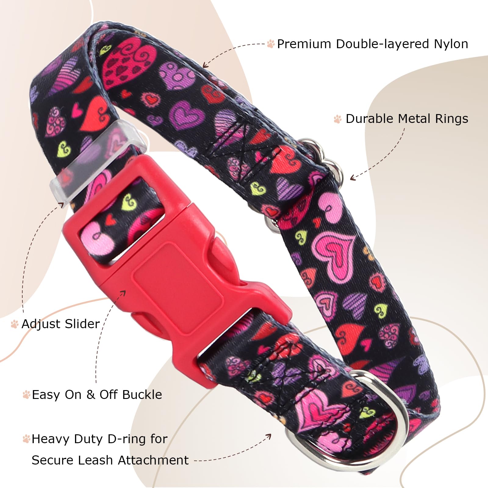 Dog Collar For Small Dogs With Cute Heart Patterns For Girl & Boy Dogs, Adjustable Soft Pet Collar With Safety Buckle For Small