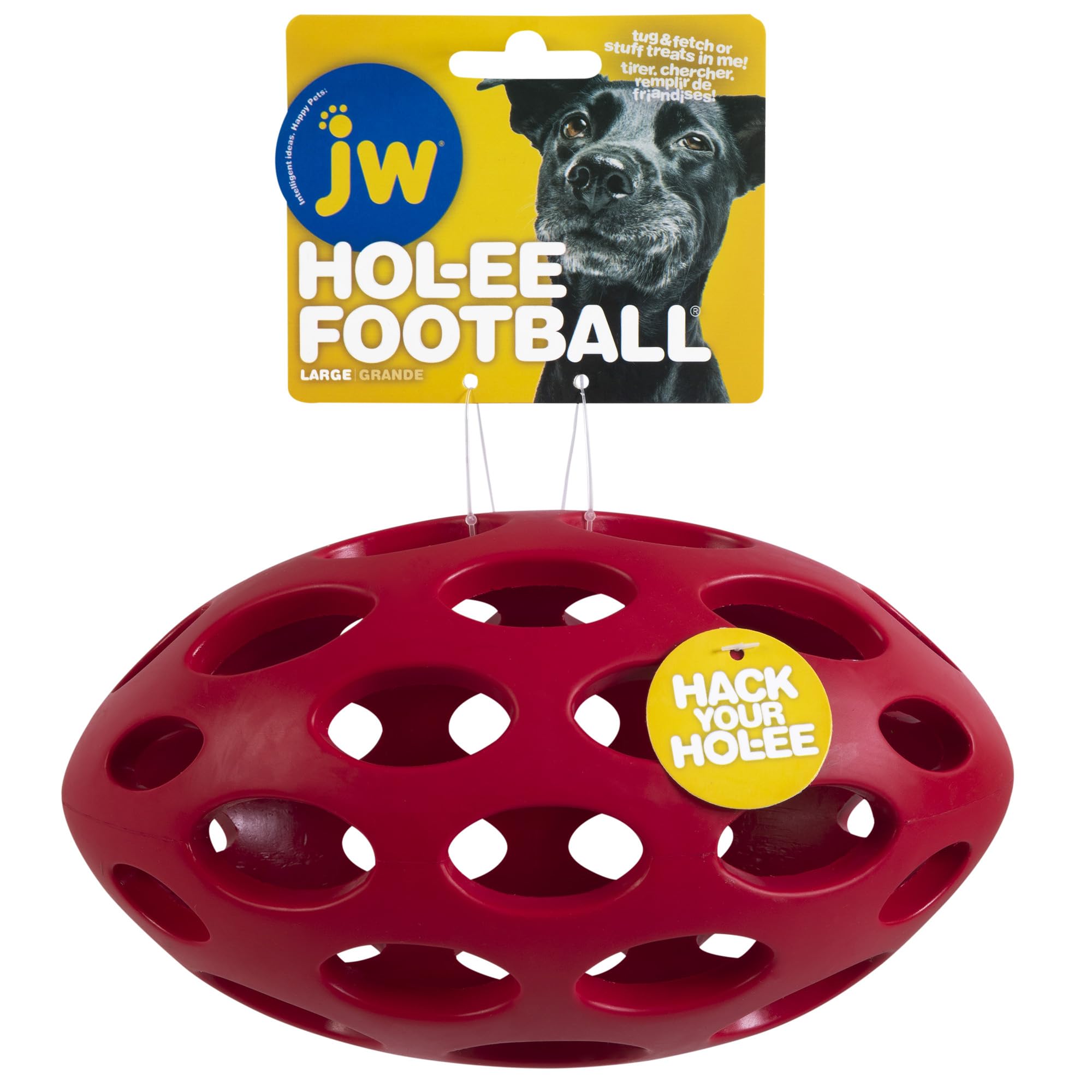 JW Pet Hol-ee Football Dog Toy Puzzle Ball, Natural Rubber, Large (9 Inch Length), Colors May Vary