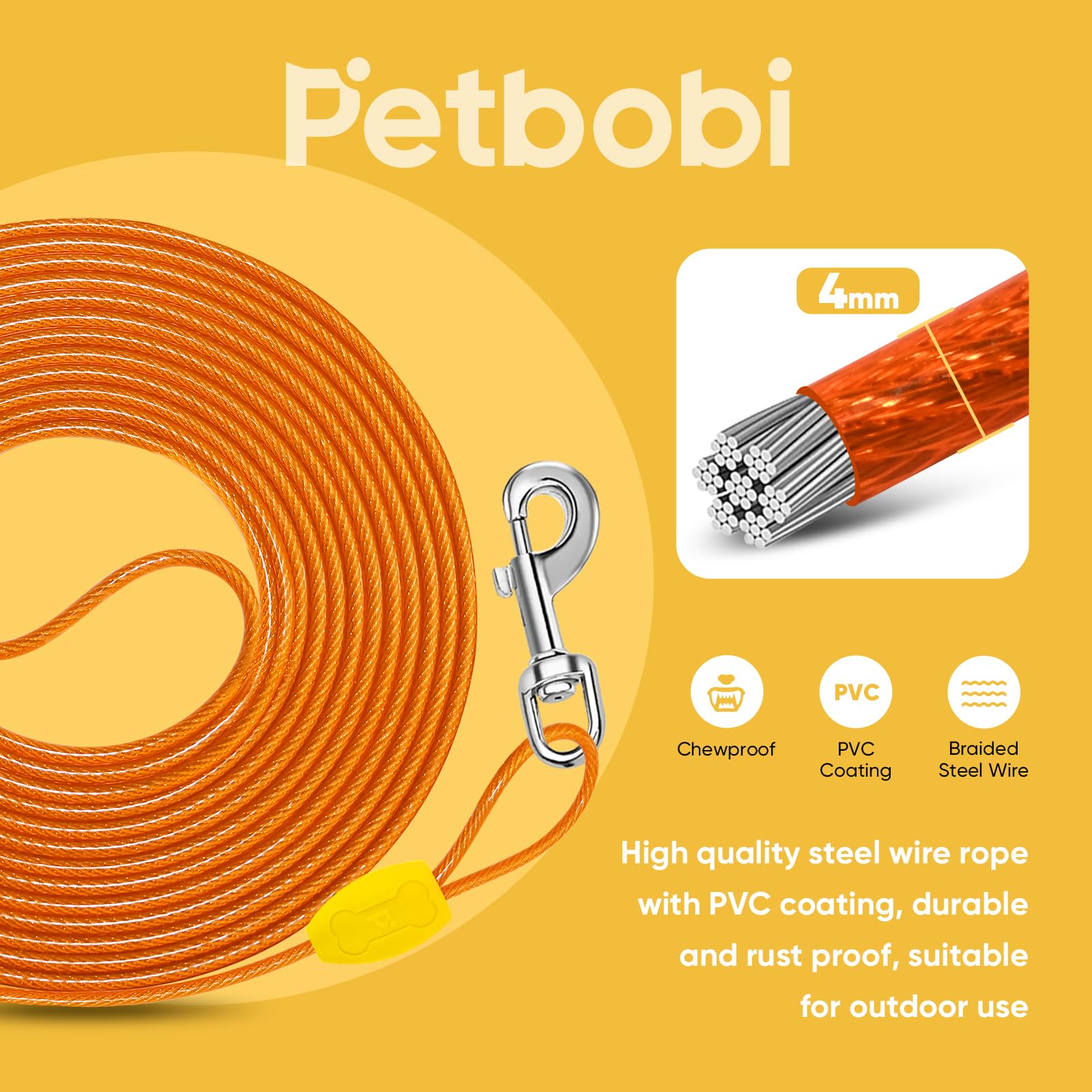 Petbobi Dog Tie-Out Cable 20Ft - Outdoor Leash 4Mm Metal Cable With Shock Absorbing Spring 360 Swivel Clips, Chain For Dogs Yard
