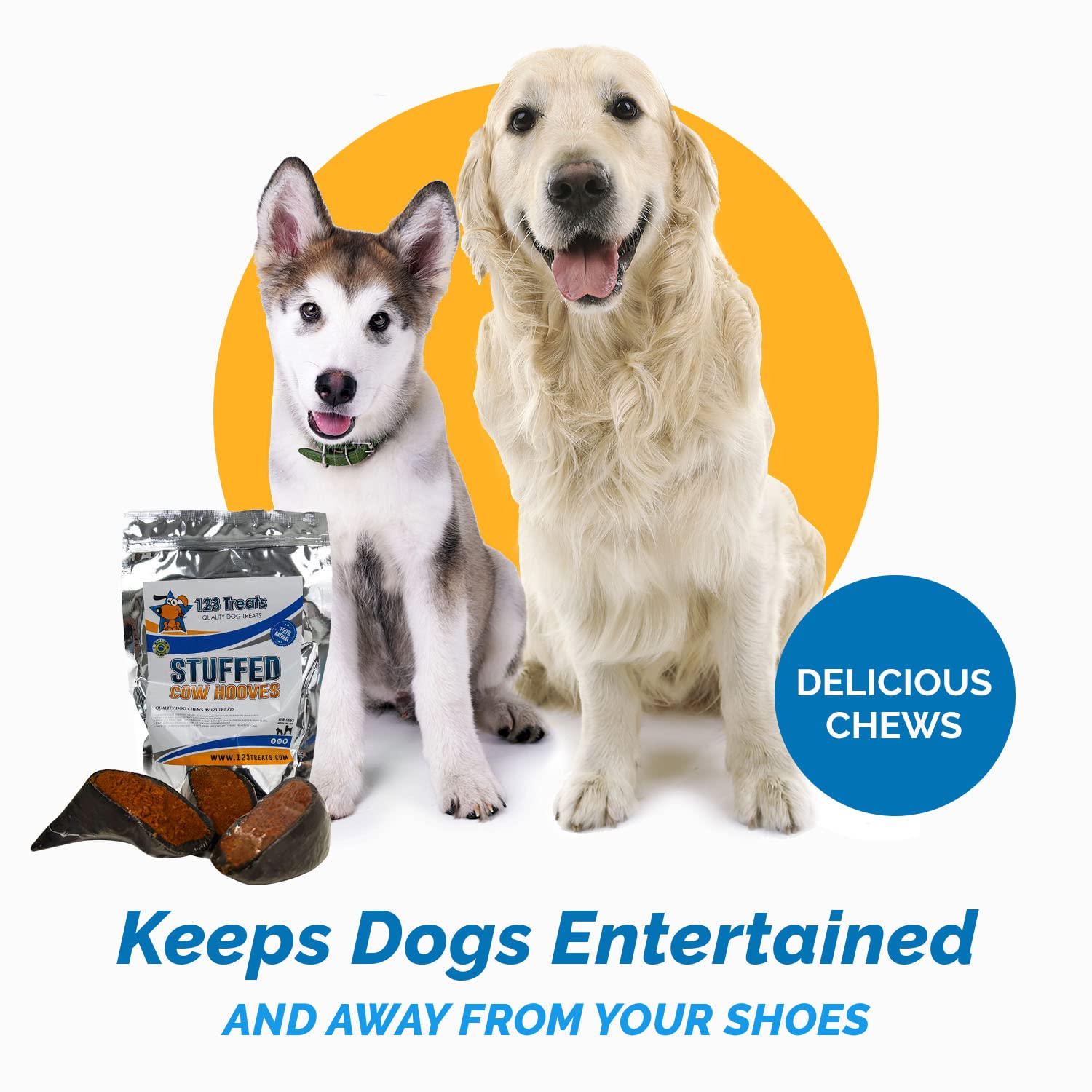 123 Treats Filled Cow Hooves for Dogs - Delicious Beef Flavor Dog Treats (10 Count), Long-Lasting Natural Dog Chews, Stuffed Bee