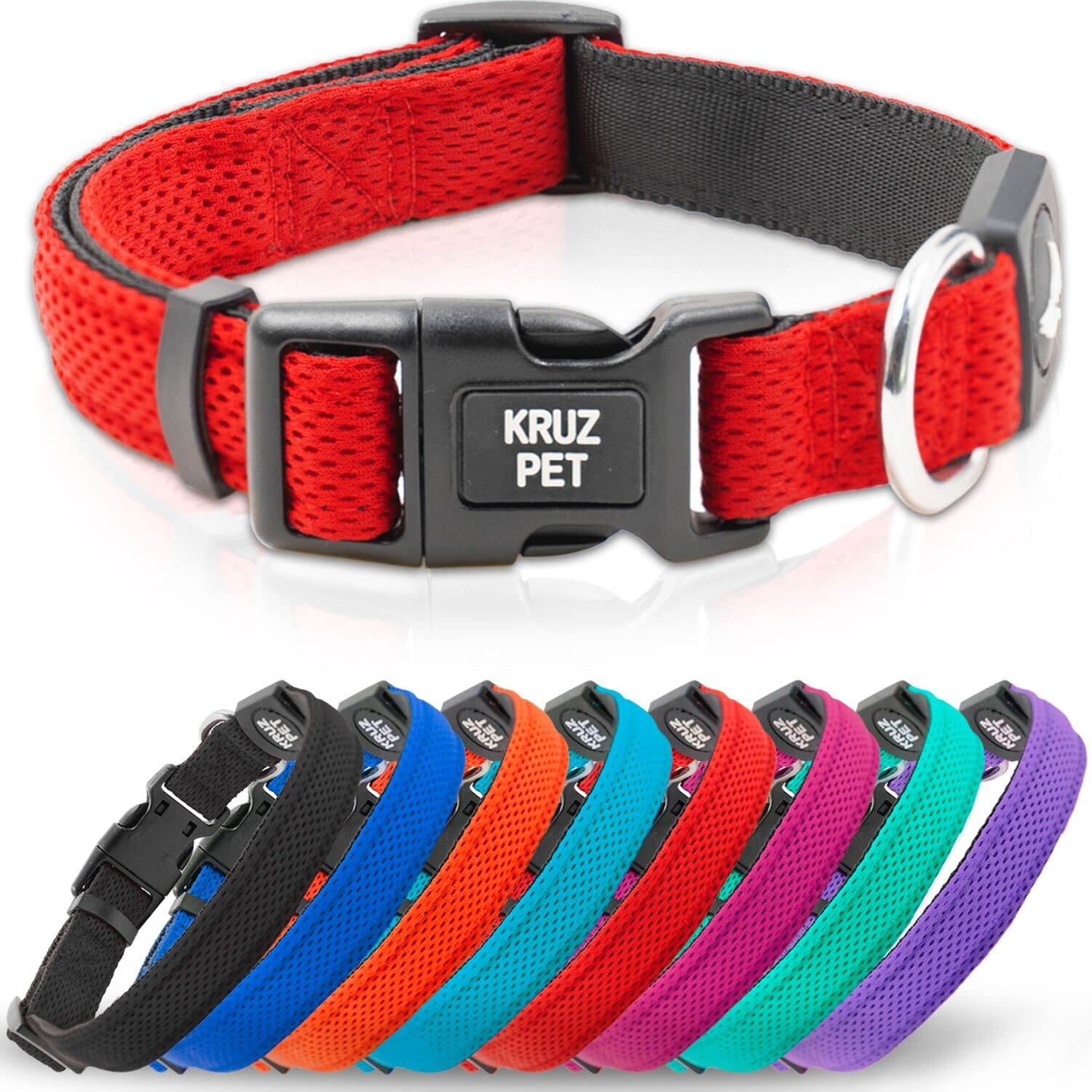 Kruz Pet Kza102-14S Mesh Dog Collar For Small, Medium, Large Dogs, Adjustable Neck Collar, Soft, Lightweight, Breathable, Comfort Fit - Red - Small