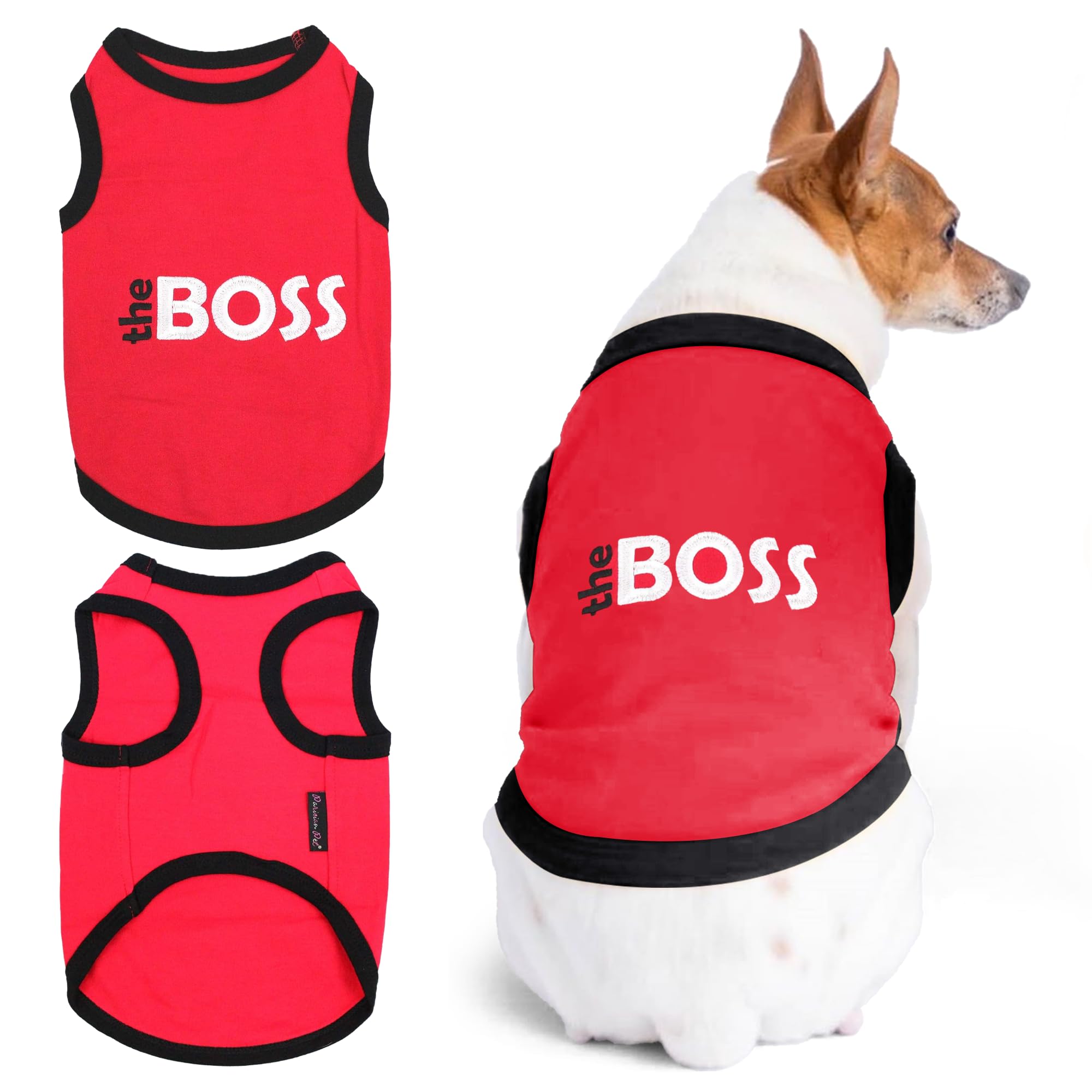 Parisian Pet Dog T-Shirt With Embroidered 'The Boss' - Lightweight Dog Clothes - Sleeveless Dog Outfit Boss - Dog Shirts For Small Dogs, S
