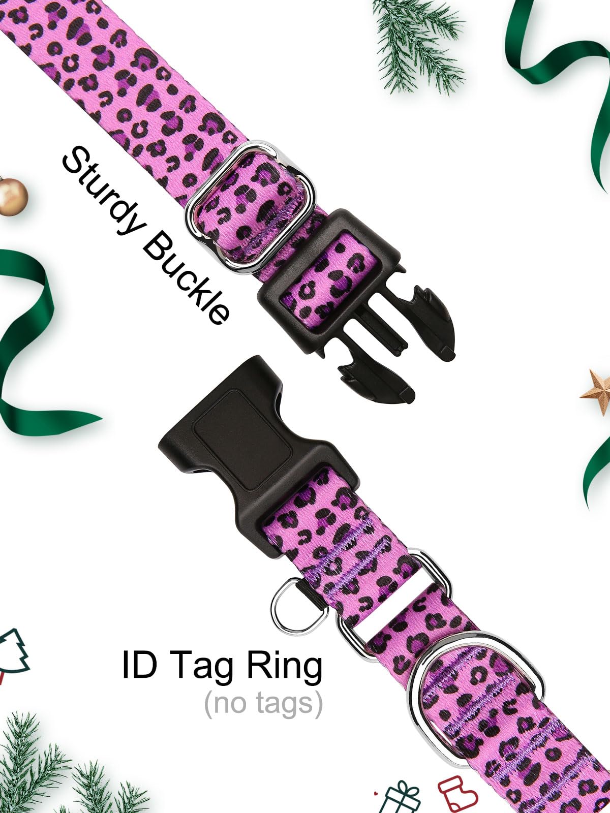 Joocpup Martingale Dog Collar With Tag Ring - Adjustable Soft Nylon No-Slip Design For Small, Medium & Large Dogs, Purple Leopar