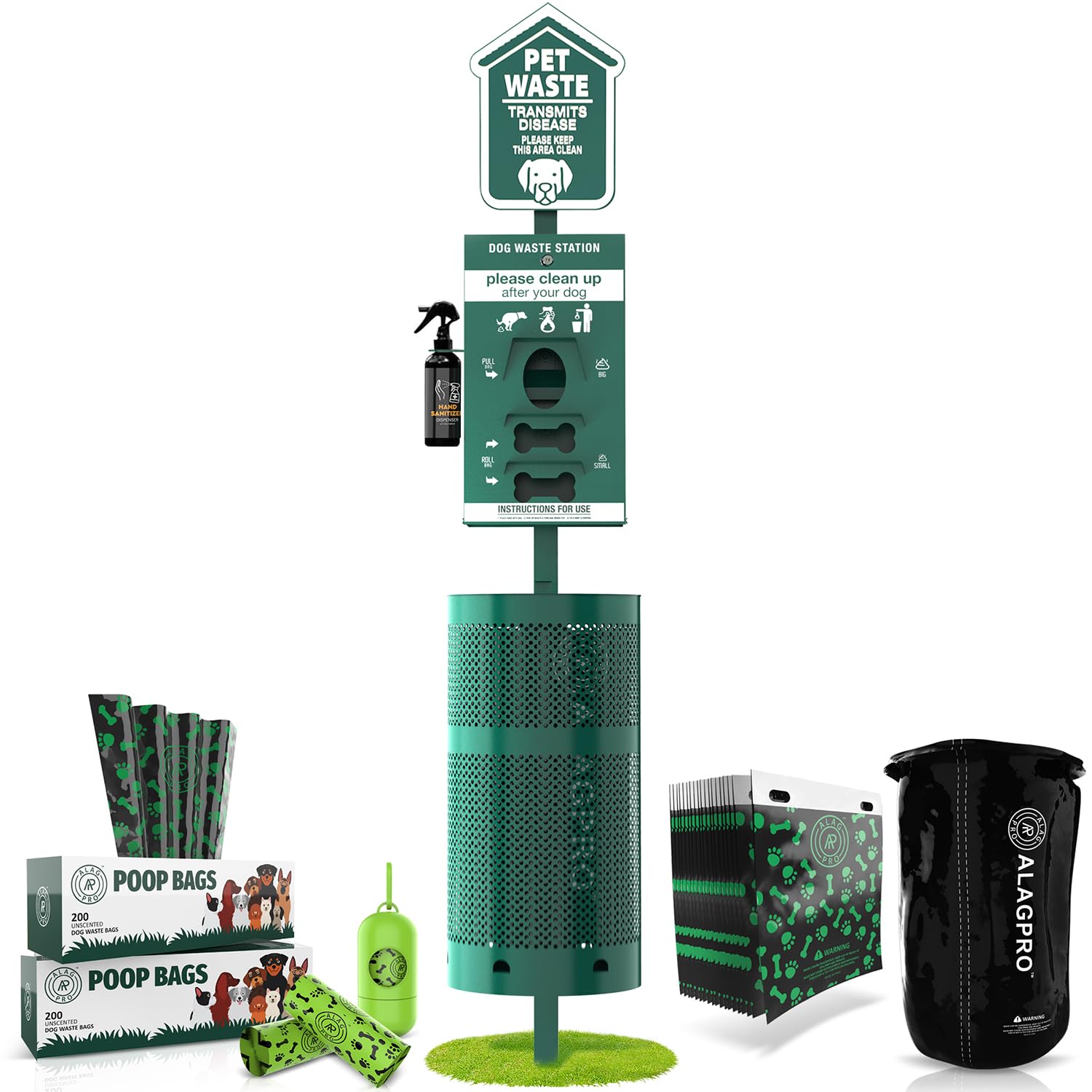 Alagpro New 2025 Dog Waste Station Outdoor With Hand Sanitizer Bottle, Commercial Pet Poop Station, Free 400 Roll, 200 Pull Wast