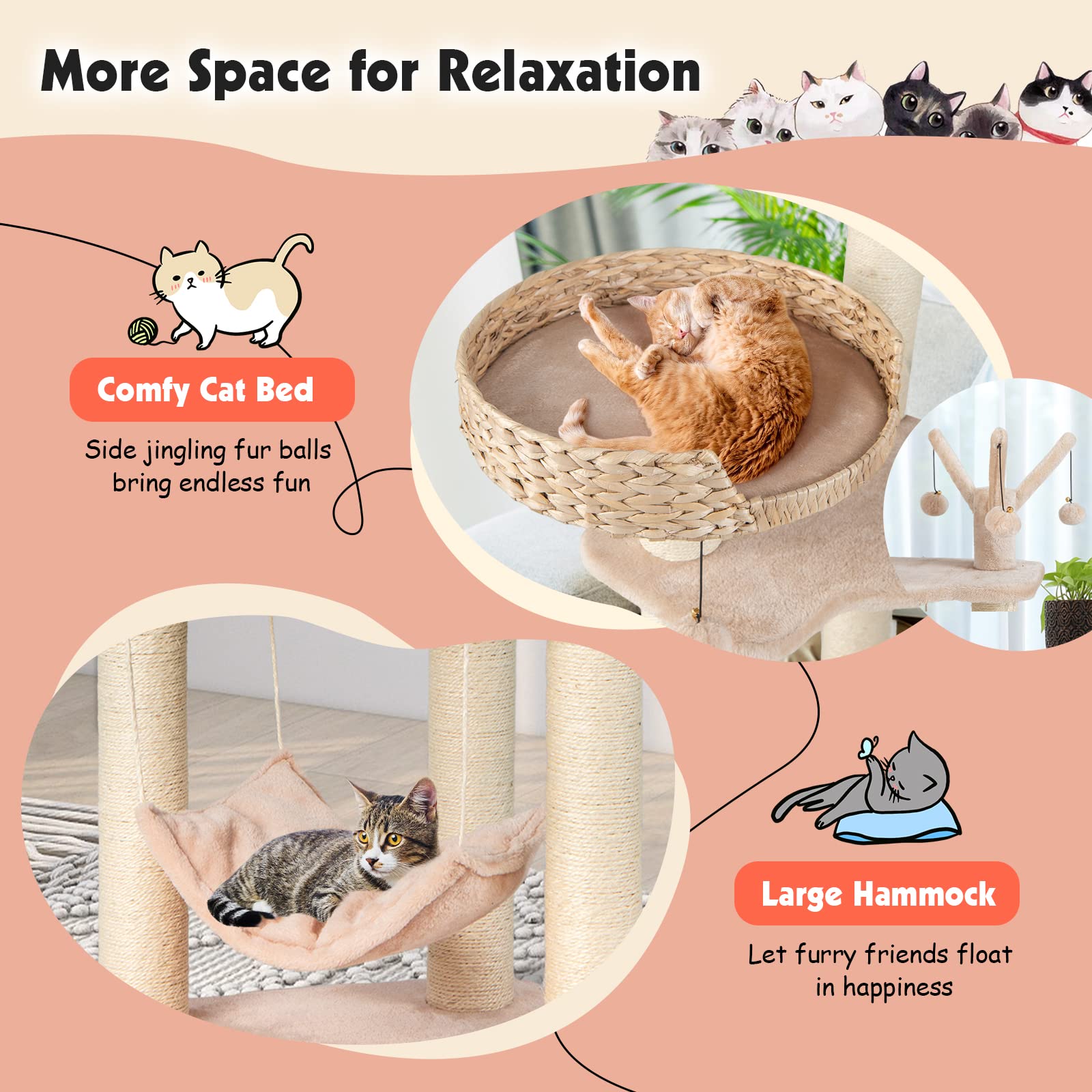 Petsite Woven Cat Tree, Modern Cat Tower With Hammock & Scratching Posts, Cattail Condo & Top Perch, Cat Activity Tree For Indoo