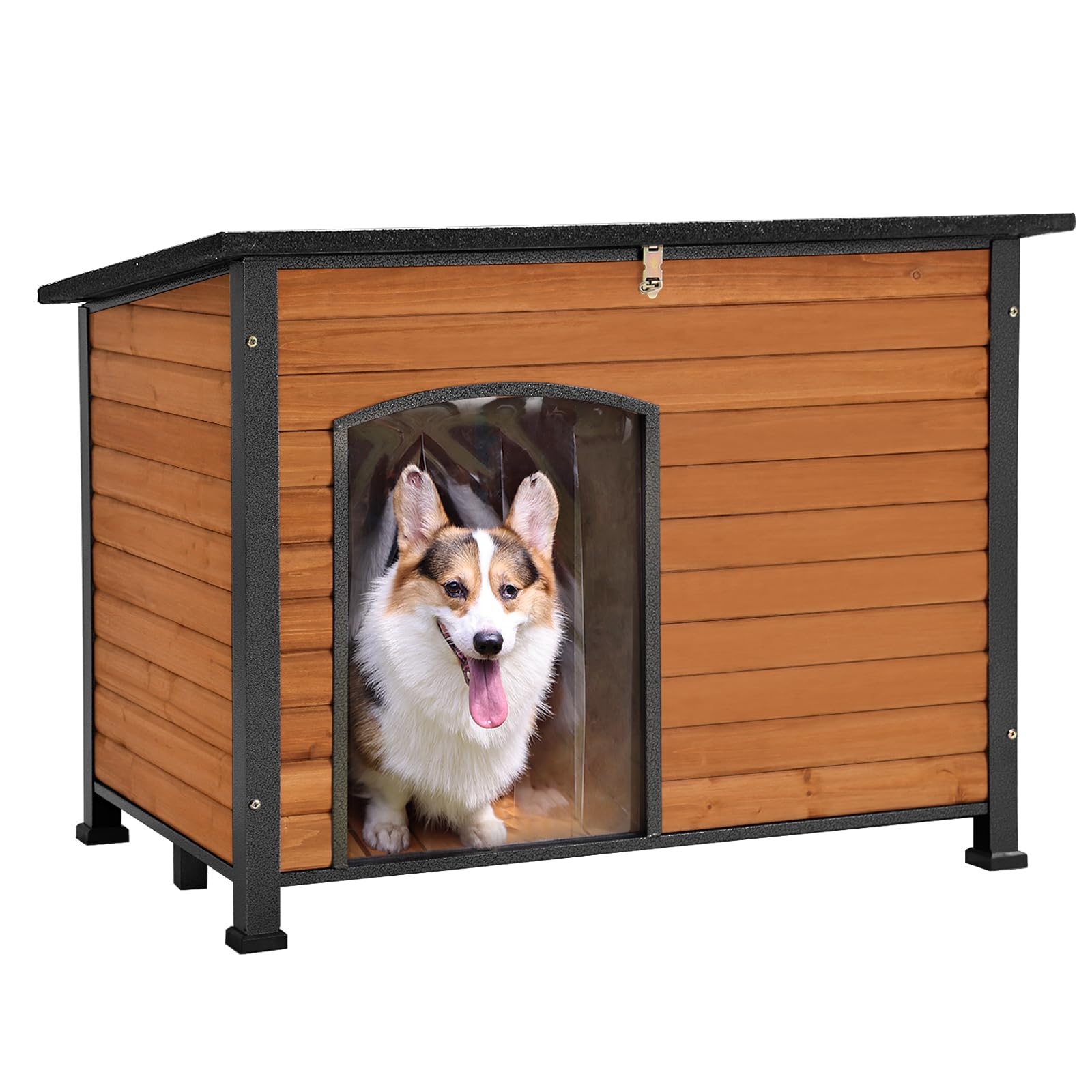 GUTINNEEN Chew Proof Dog House with Metal Iron Frame Outdoor Dog Kennel for Small Medium Large Indoor Dog Cage (43.3 L,Brown Col