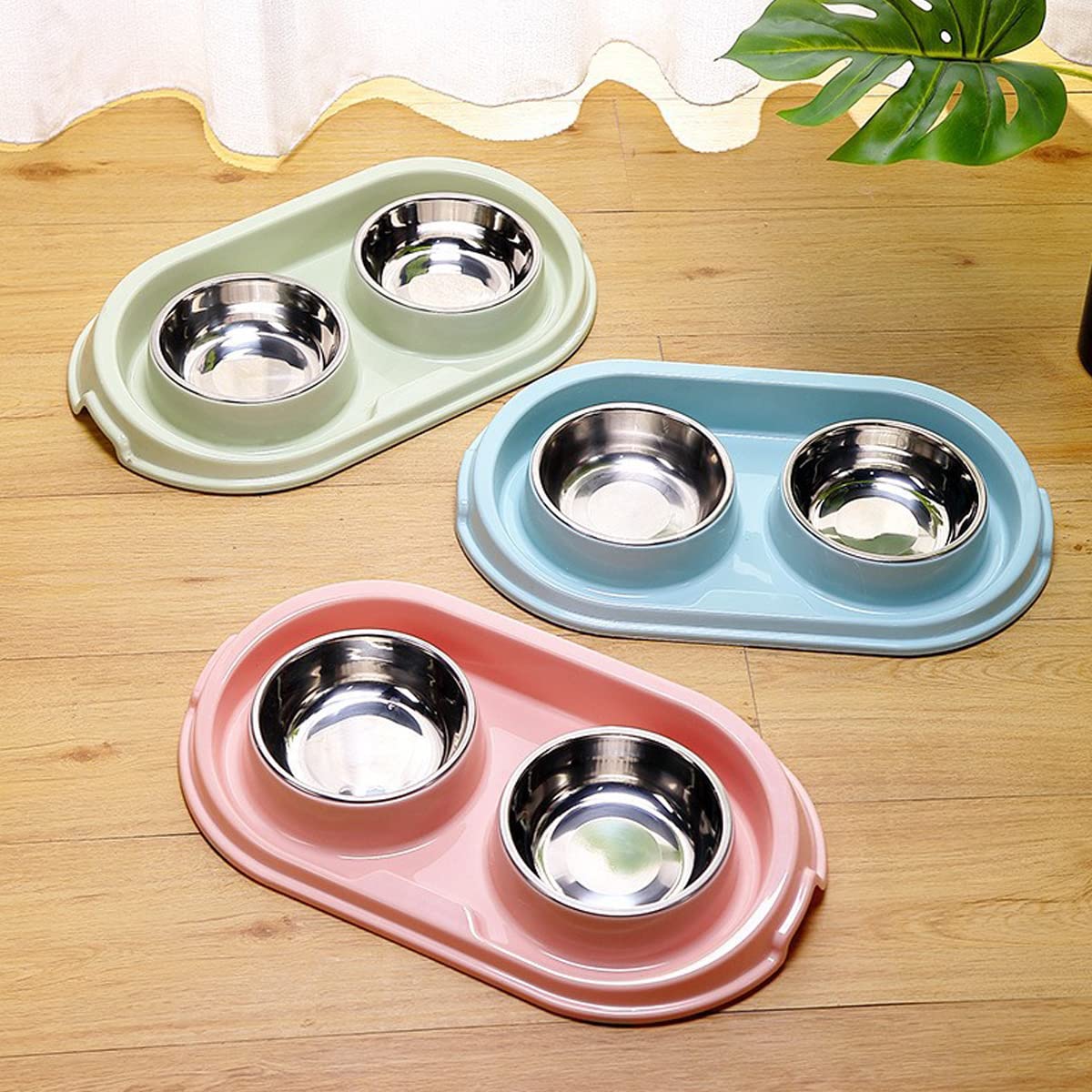 MXCELL Double Dog Cat Food Bowls, Stainless Steel Pet Bowls Dog Water Bowls with No-Spill and Non-Skid PP Station, Food Water Fe