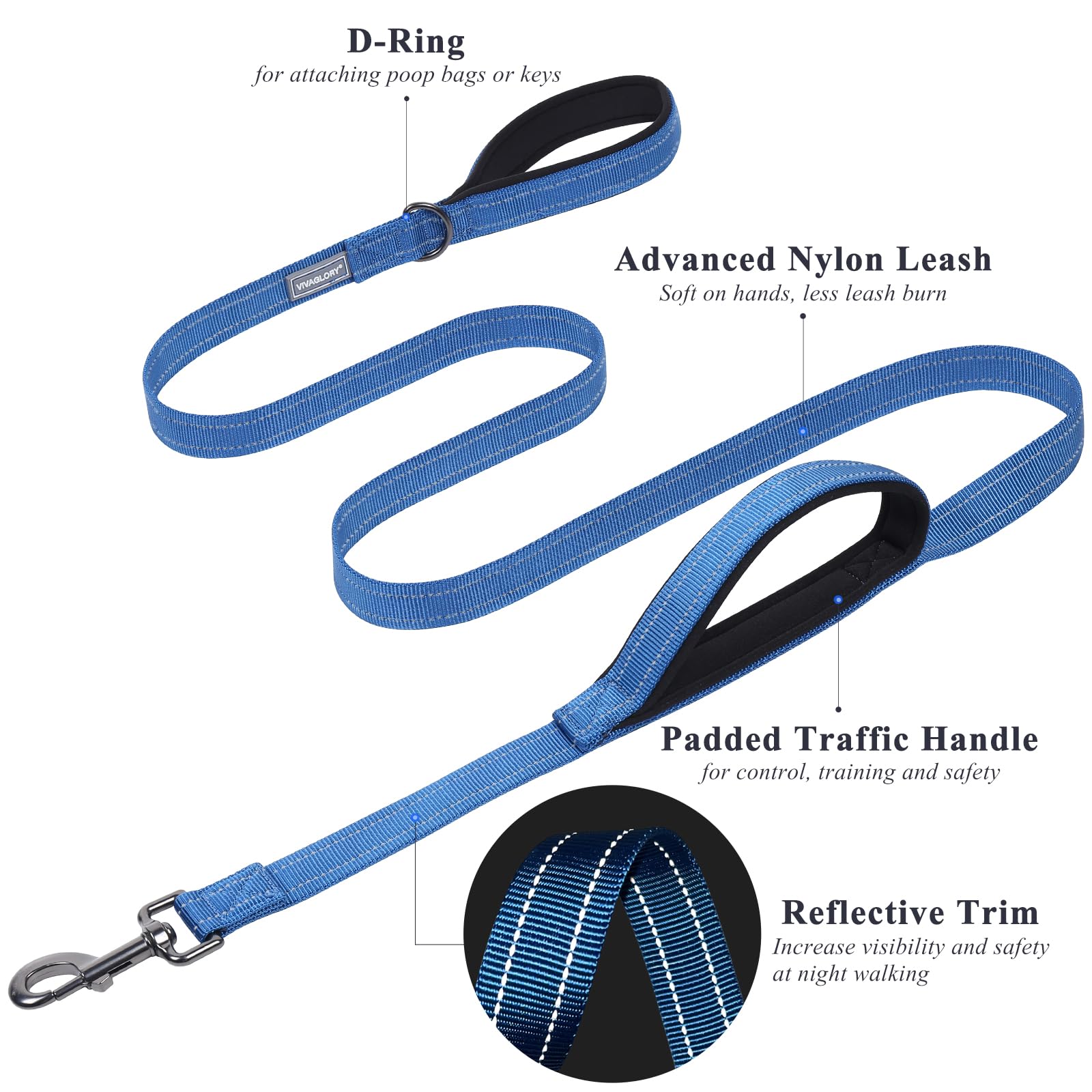 Vivaglory Traffic Handle Dog Leash, Two Padded Soft Handles Dog Leash, Strong Reflective & Metal Hook Training Pet Lead, Blue