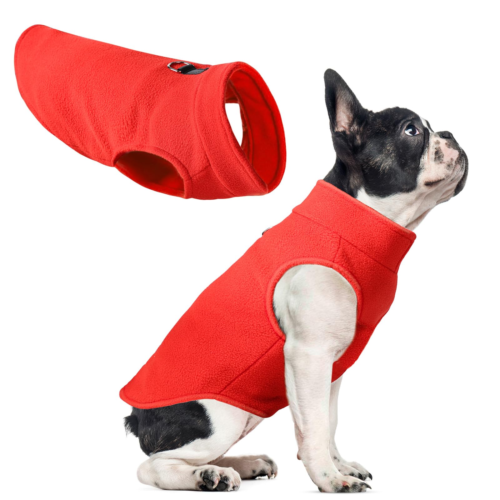 Fleece Dog Sweater Vest, Soft Warm Pullover, Winter Dog Clothes - Stretchy Fleece Vest With D-Ring Leash (Red, S)