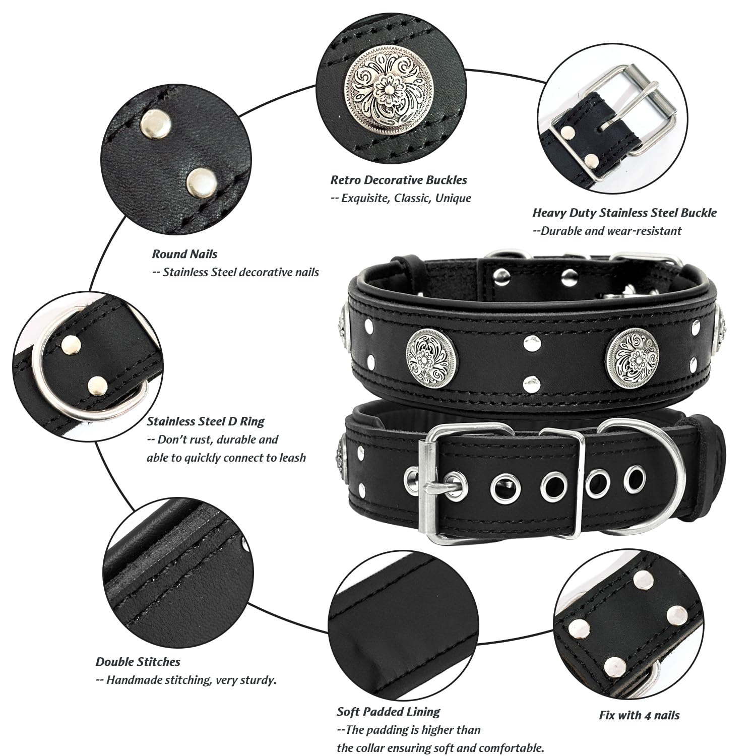 Guiding Star Leather Dog Collar, Heavy Duty 2 Inches Wide, Thick, Luxury Studded, Black, 19.5-23.5 Inches, Medium And Large Dogs