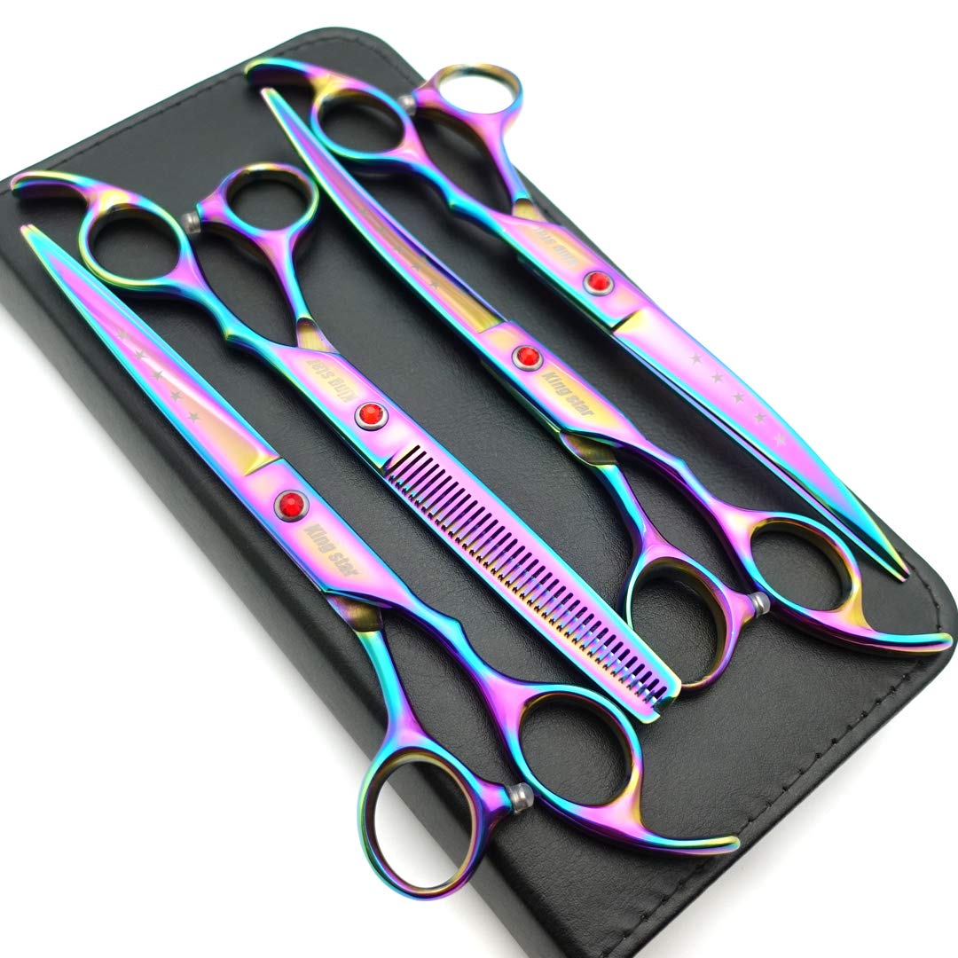 7.0In Titanium Rainbow Professional Pet Grooming Scissors Set,Straight & Thinning & Curved Scissors 4Pcs Set For Dog Grooming,(Rainbow)