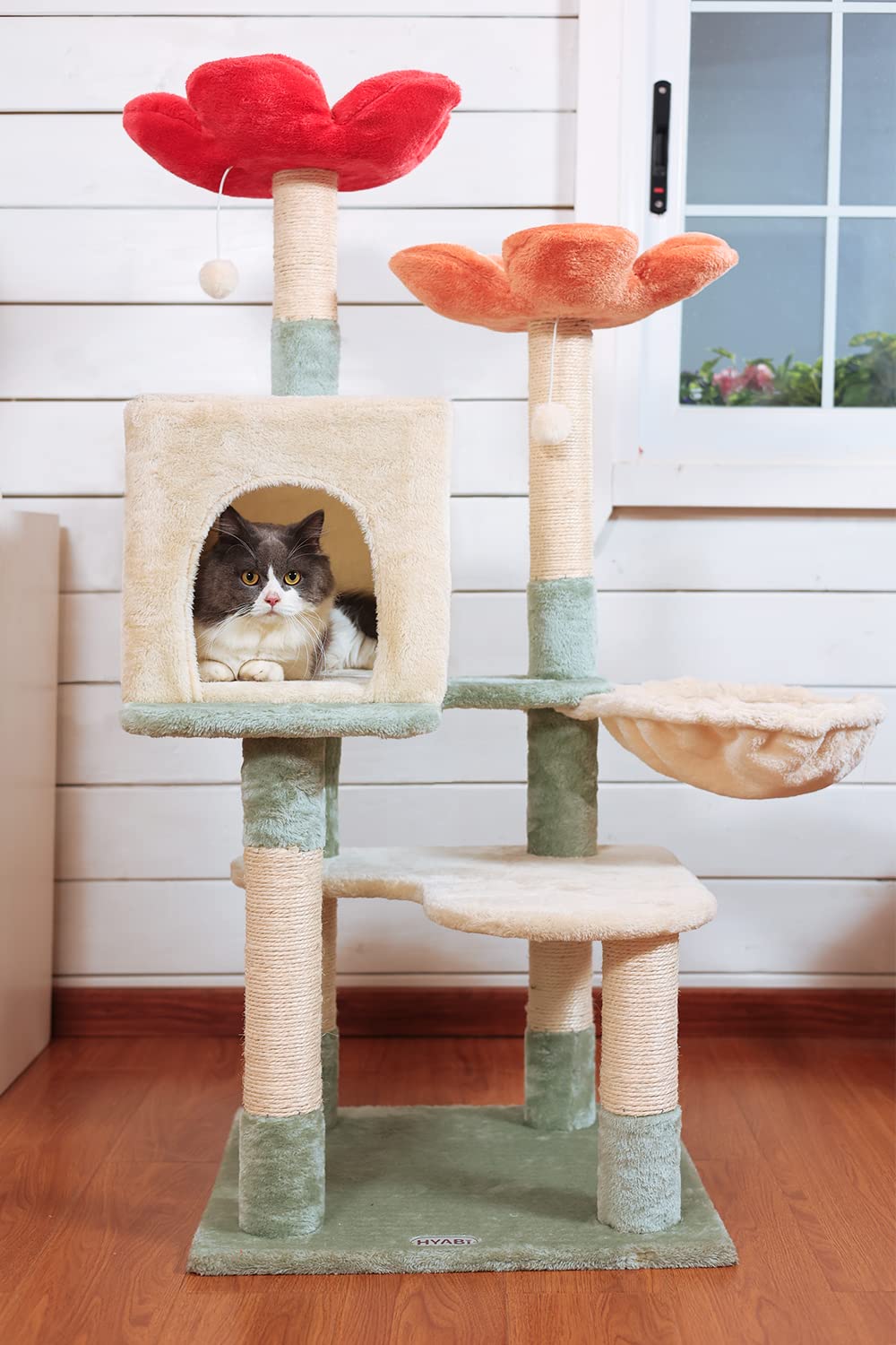 Hyabi 48 Inch Modern Cat Tree Tower With Hanging Basket & Flower Design - Multi-Level Cat Furniture With Plush Perches, Scratch Posts, Toy Balls - Stylish Indoor Playhouse For Cats & Kittens