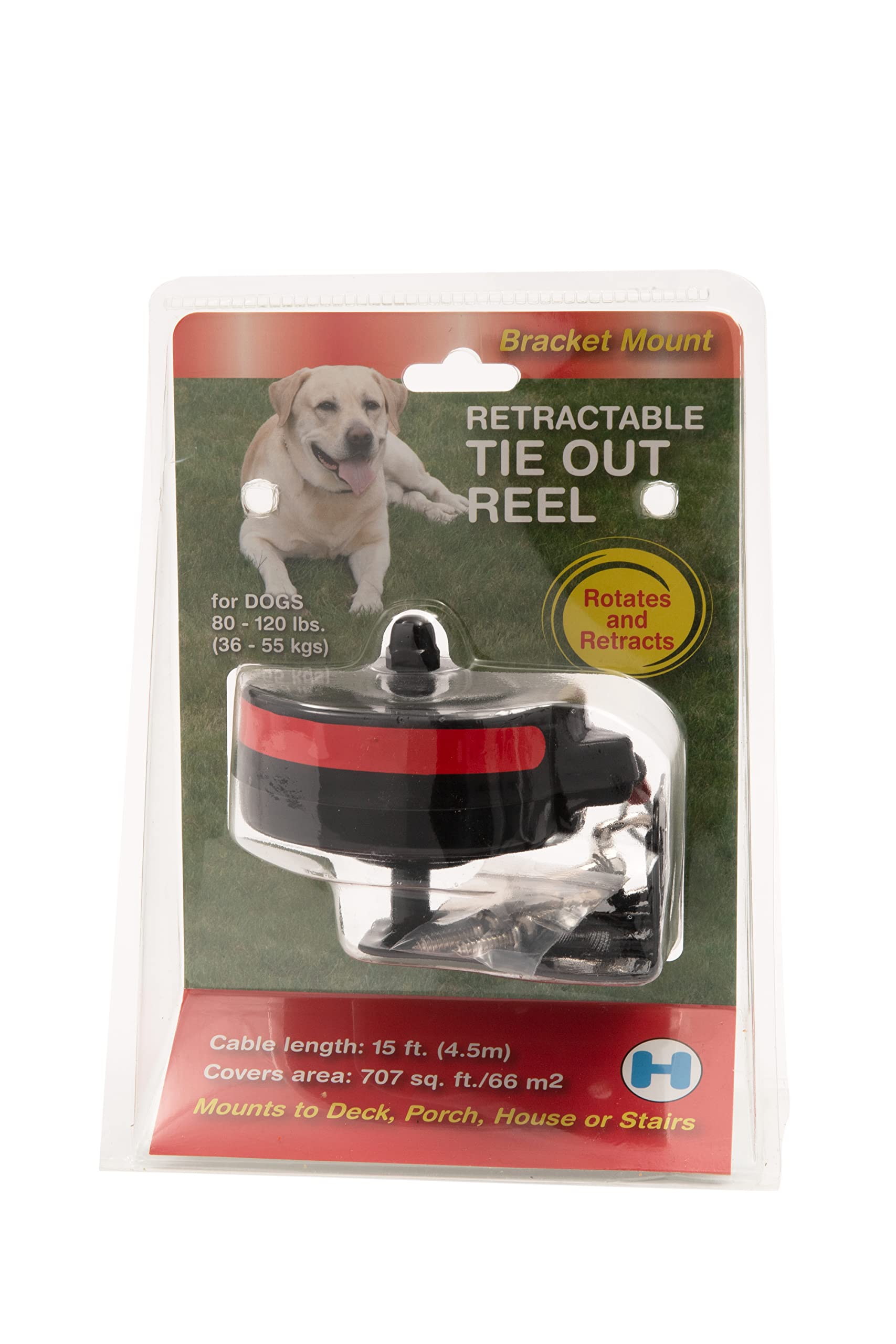 Lixit Retractable Leash Tie Out for Dogs, Large (80-120 lbs), Red, Model 30-8431-008, Bracket Mount and Stake Included