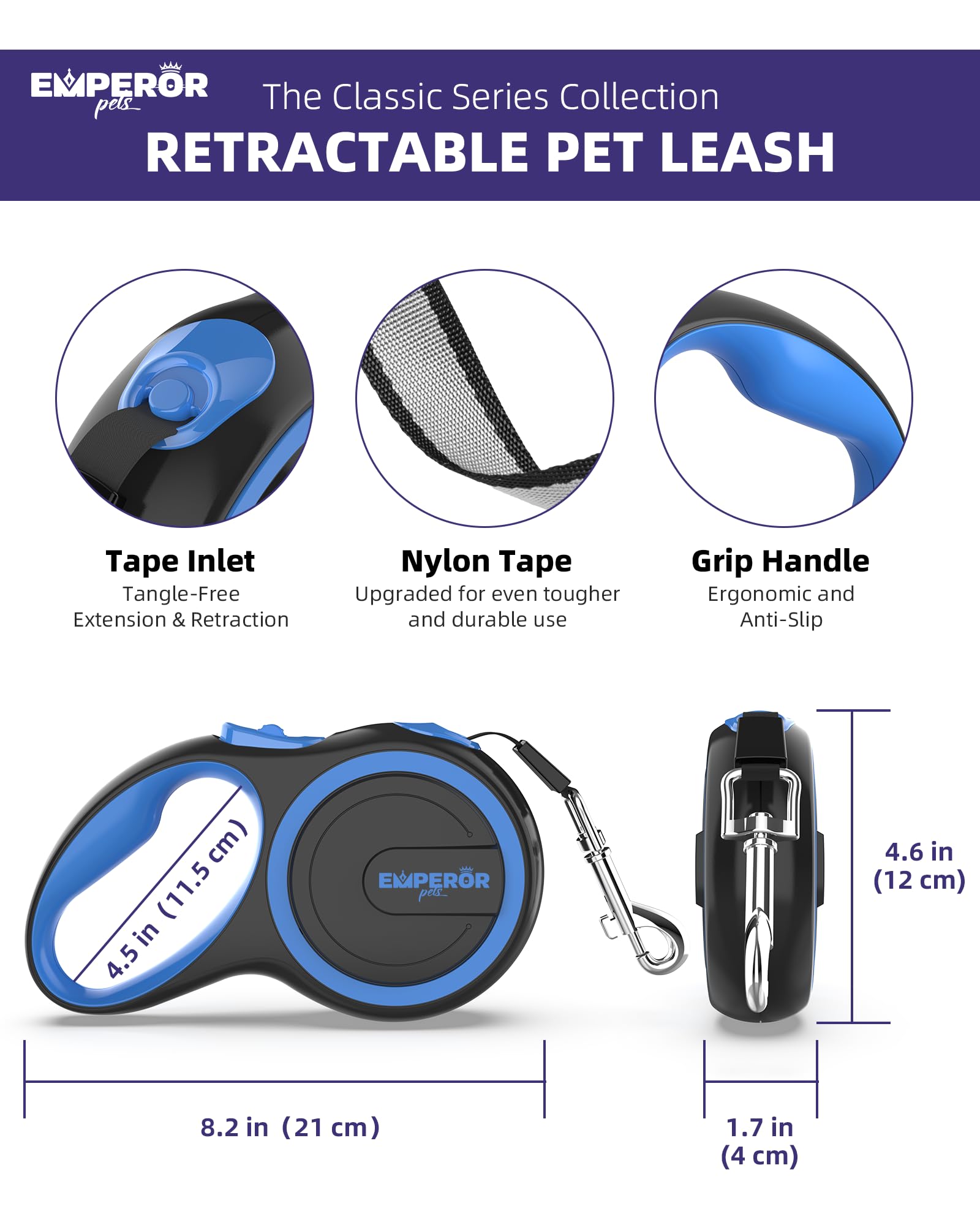 Emperor Pets 16 Feet Retractable Dog Leash Large Dogs - Up To 110Lb, Large Dog Leash Heavy Duty Dog Leash Retractable 26 Ft, Dog Leashes For Large Breed Dogs, Dog Leashes For Medium Dogs -Bl16