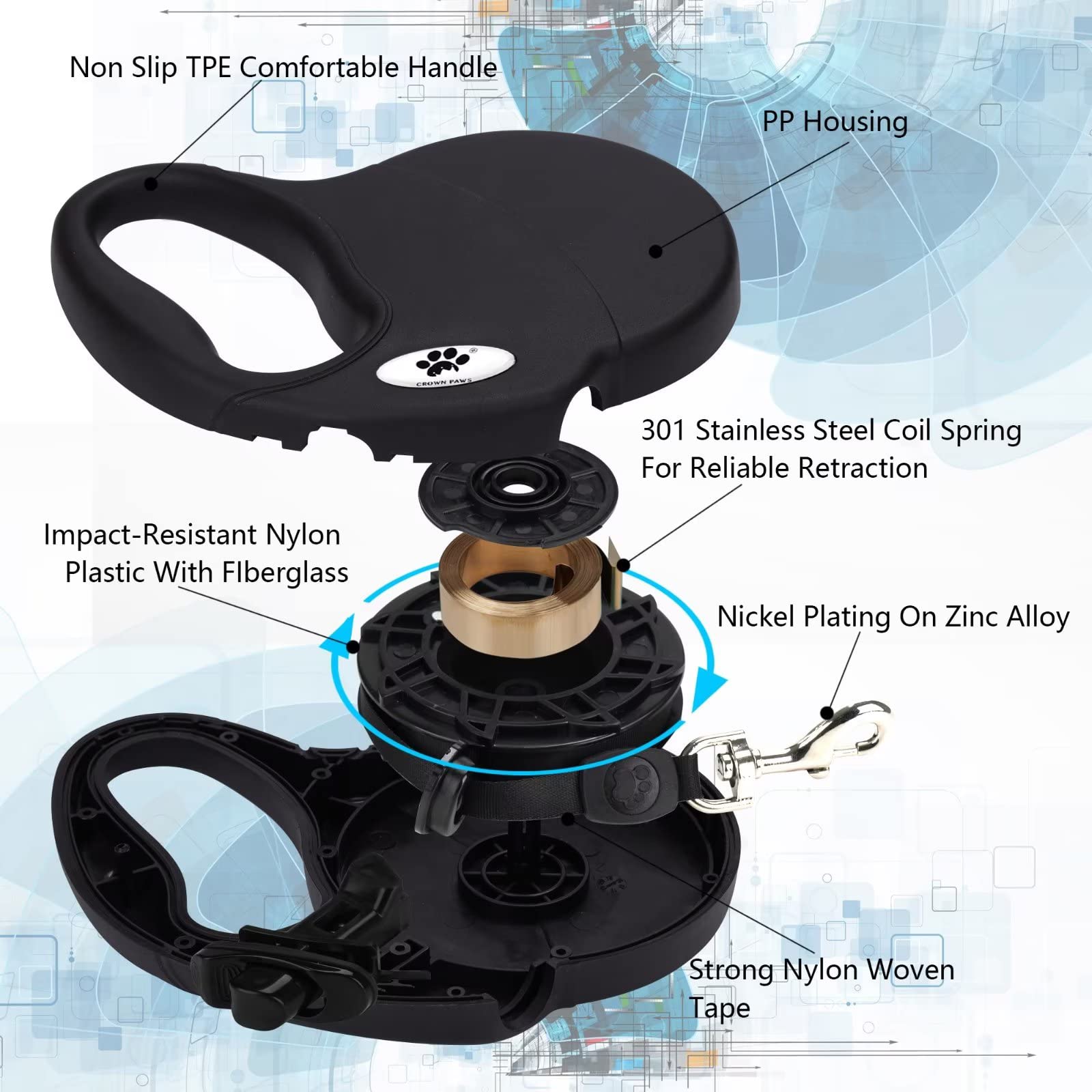 Crown Paws 13Ft Retractable Dog Leash For Small Breed Dogs Up To 22 Lbs With A Detachable Chew Proof Extender Wire Ropes (Black