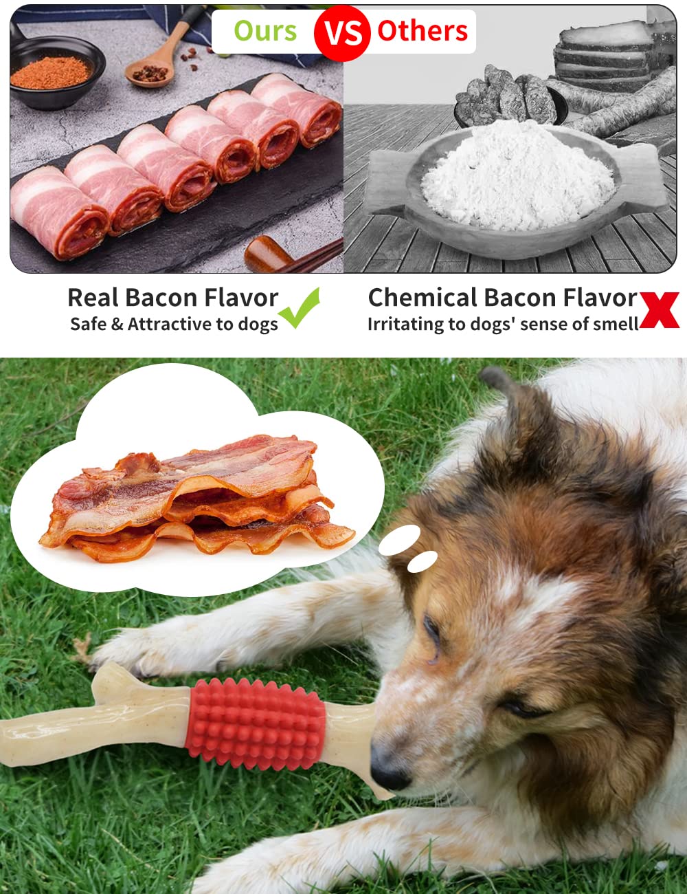 Schitec Dog Chew Toy For Aggressive Chewers, Tough Big Nylon & Rubber Teething Stick With Real Bacon Flavor For Large Medium Bre
