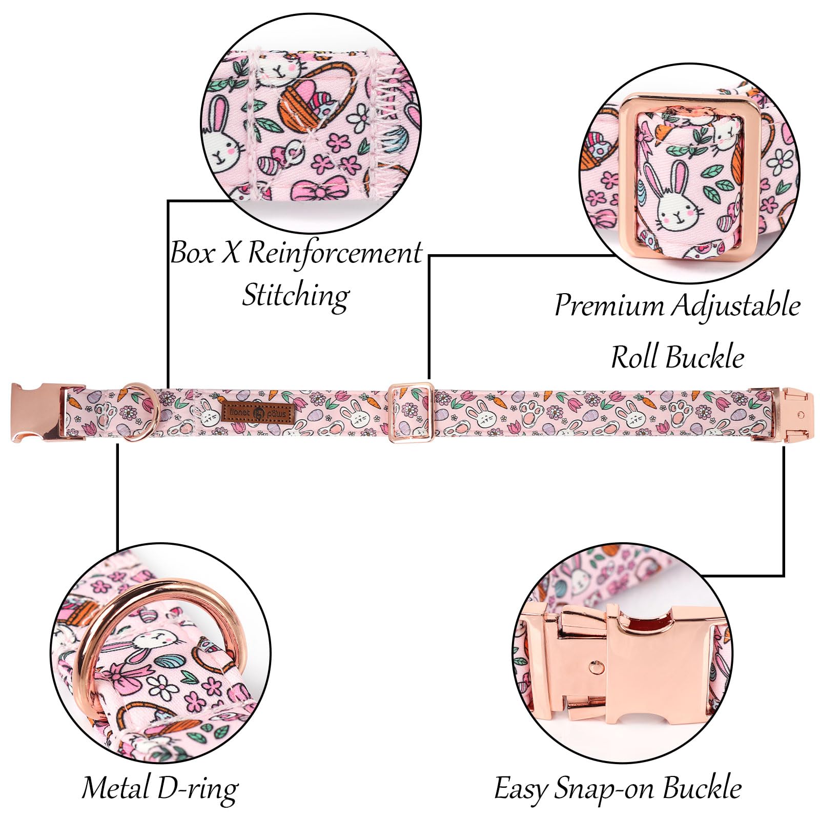 Lionet Paws Easter Pink Dog Collar, Rabbit Eggs Dog Collar For Large Dogs, Adjustable Cotton Tulips Pet Collars For Large Dogs