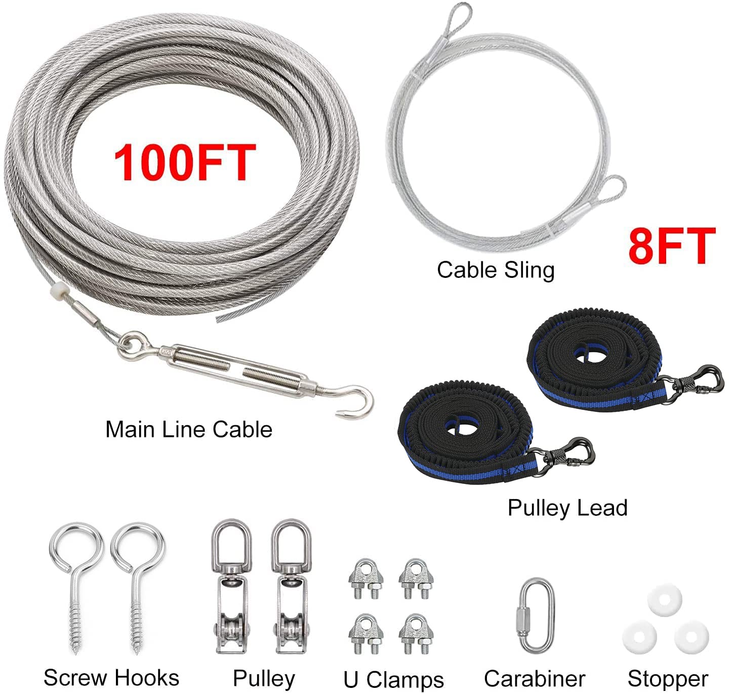 Xiaz 100Ft Dog Trolley Runner Cable For 2 Dogs, Tie Out Cable For Small, Medium, Large Dogs Up To 200Lbs,Pet Lead For Yard, Camp